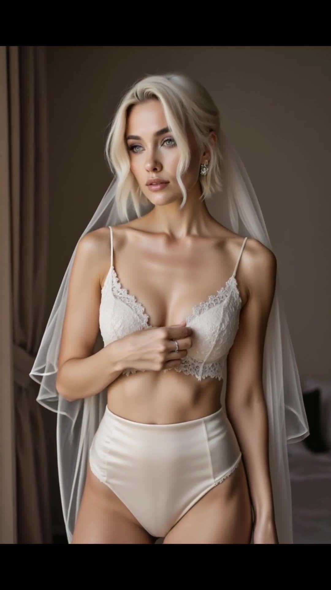 Medium close-up sheer veil bra bedroom tease