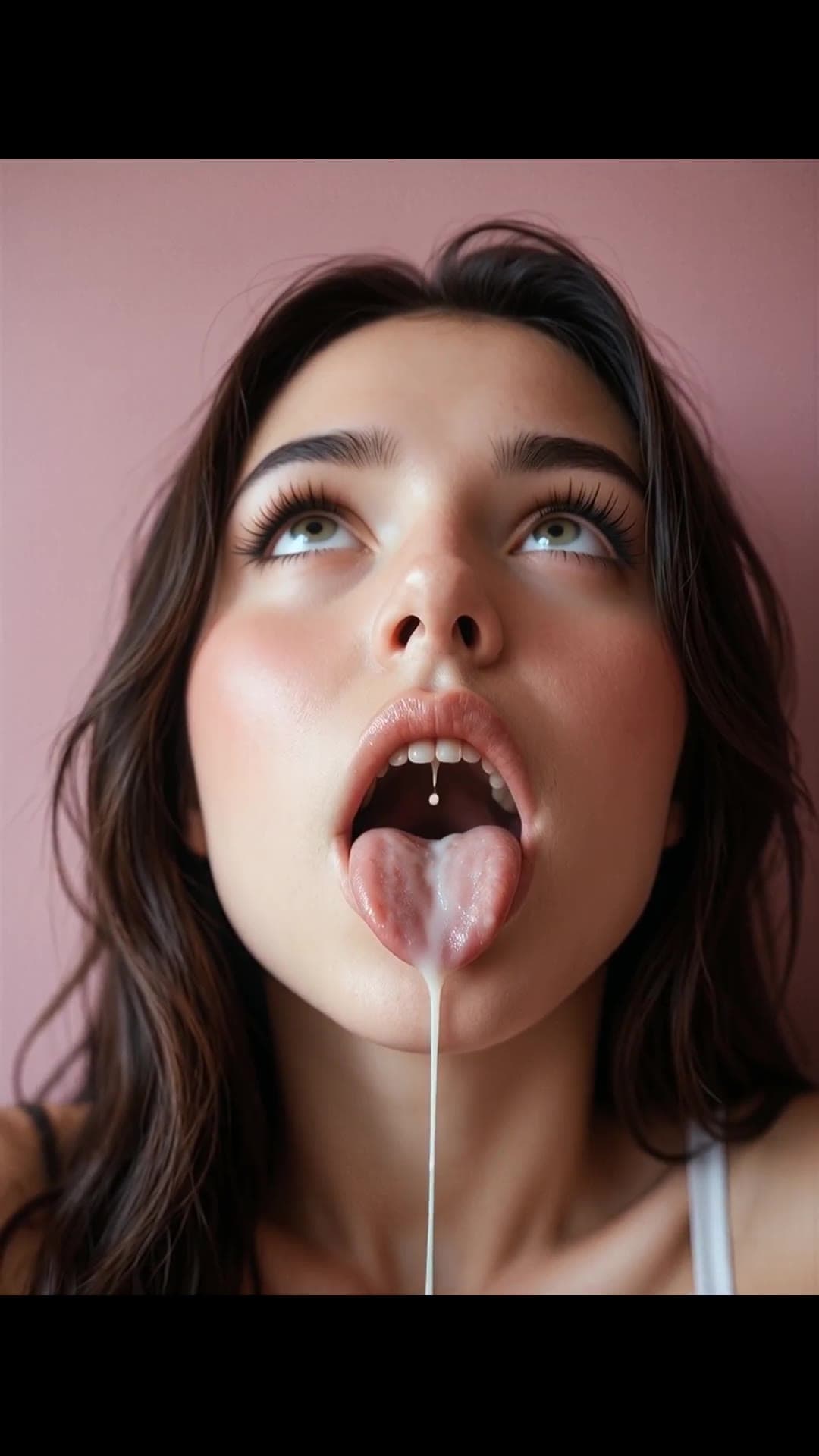 Curvy brunette facial close-up, cum on tongue