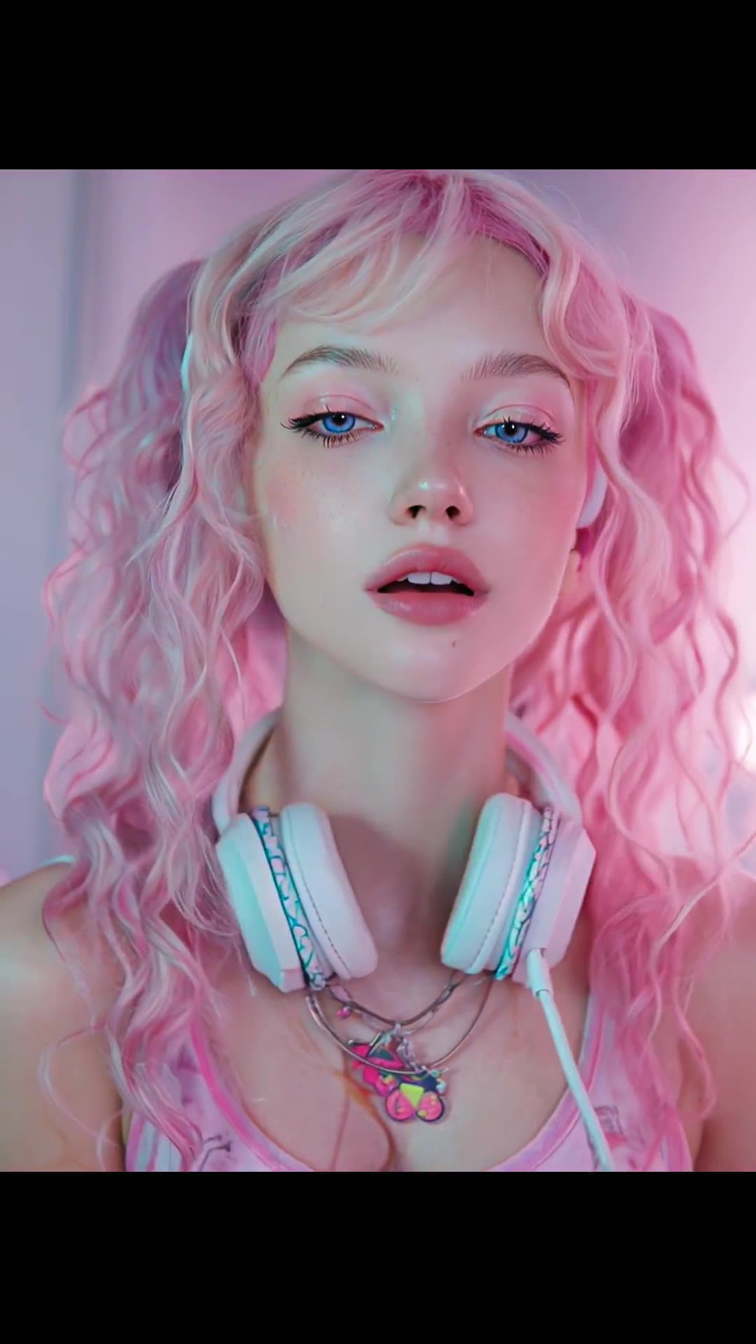 Close-up neon portrait with pigtails and blue eyes
