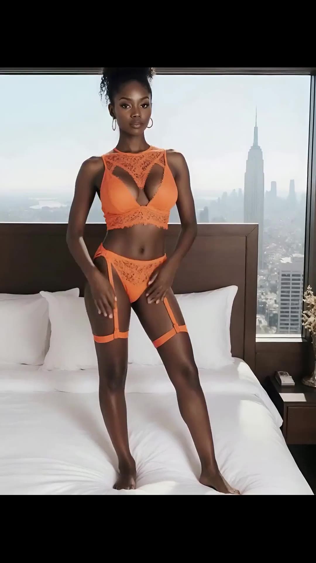 Early 20s blonde trainer in orange lace lingerie