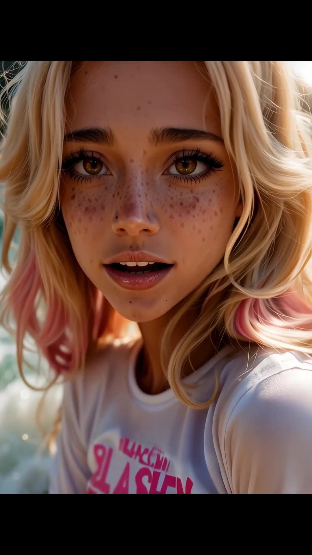 Young adult blonde selfie in white tee outdoors