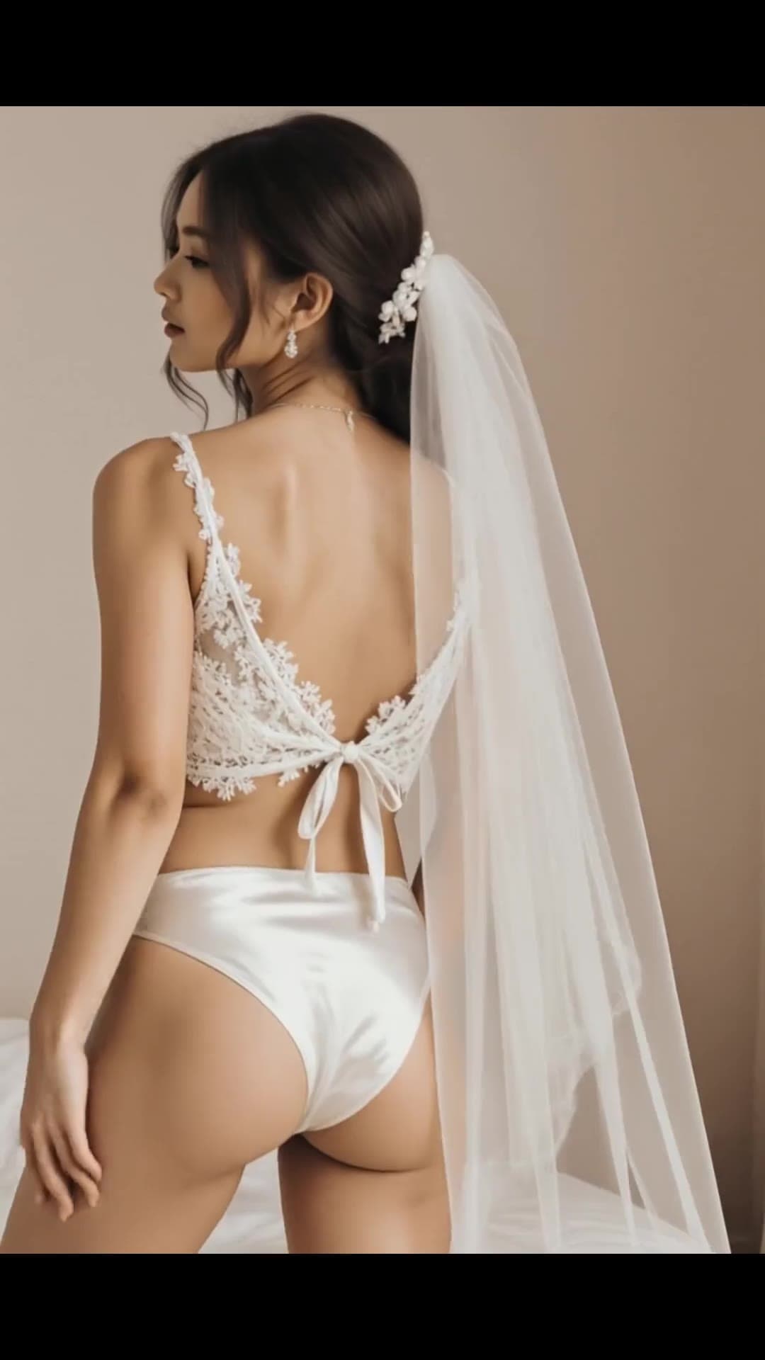 Curvy redhead shows round ass in white lace lingerie