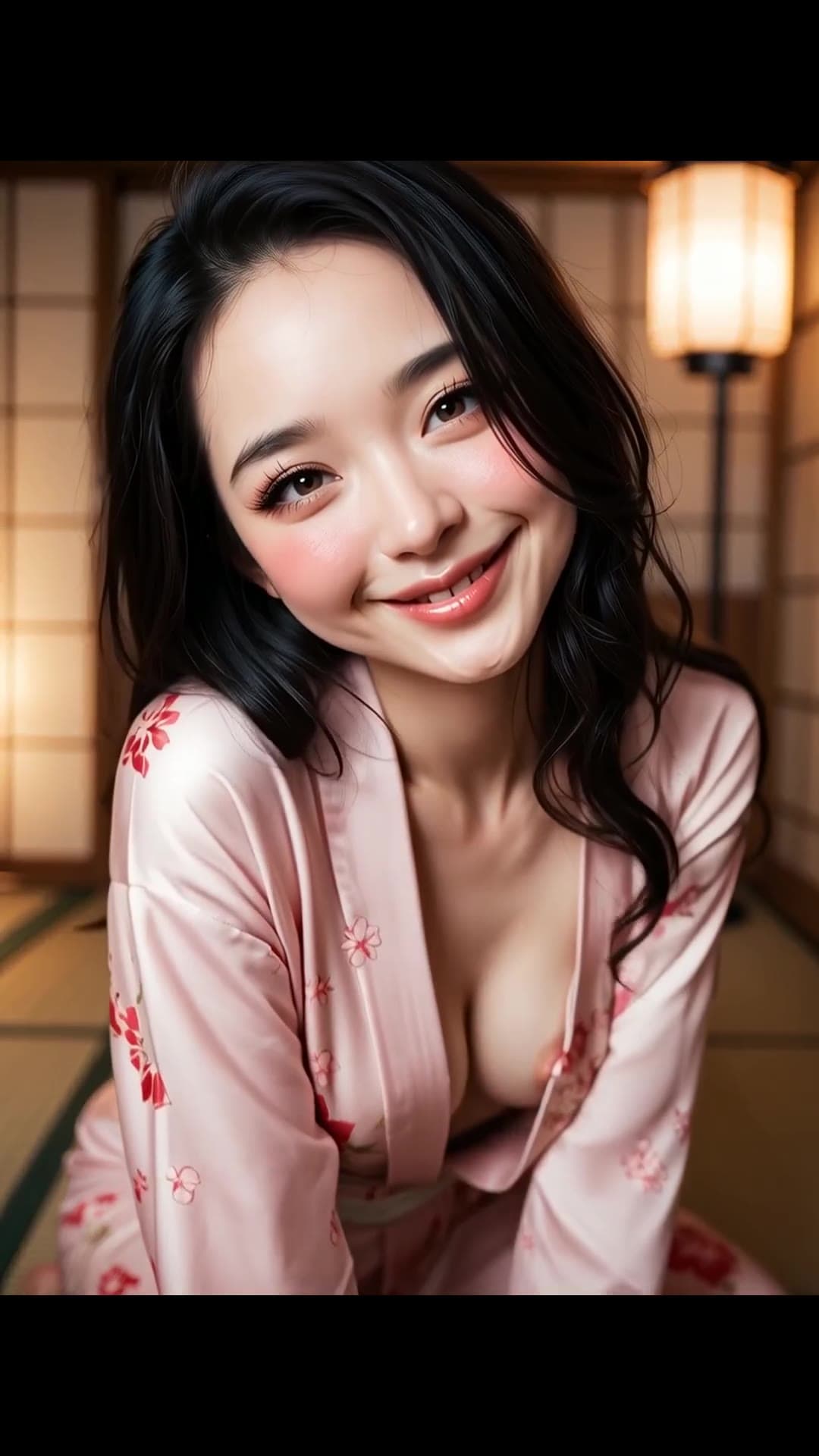 Open kimono on tatami, natural tits out