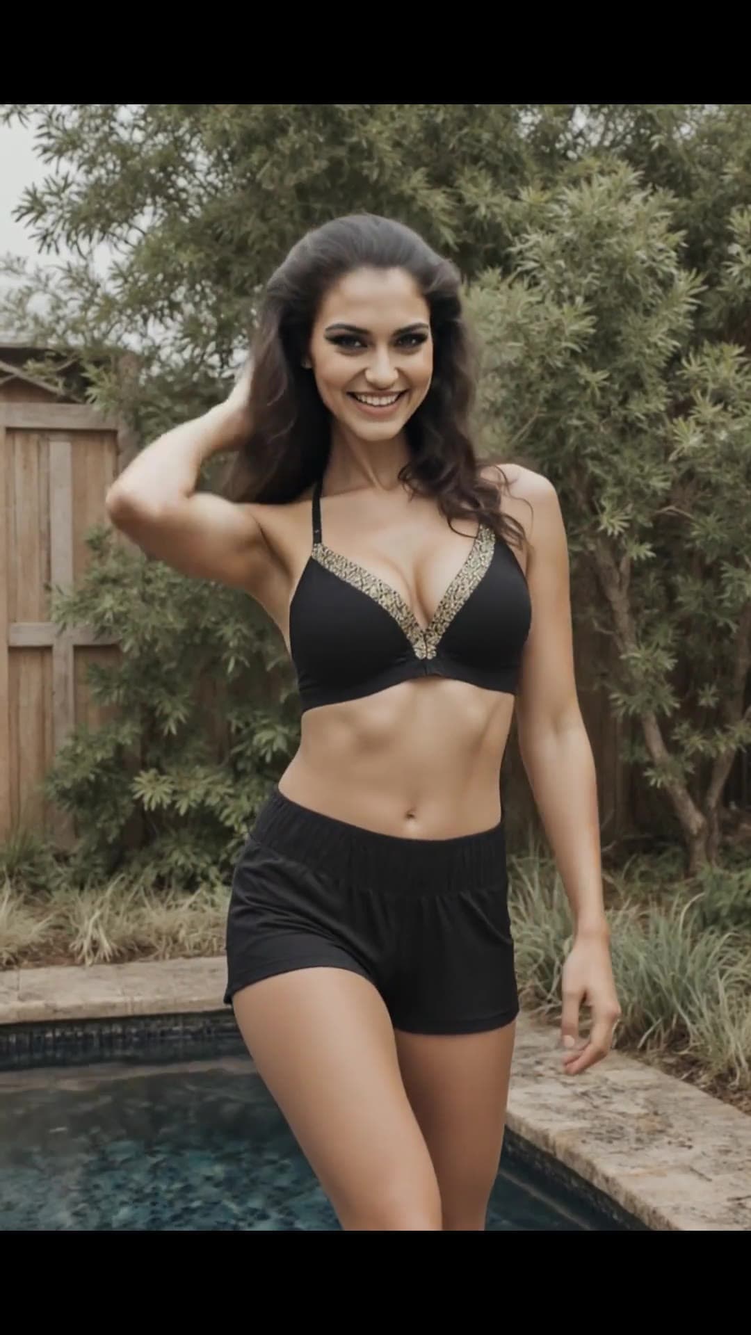 Young latina model poolside in black bikini