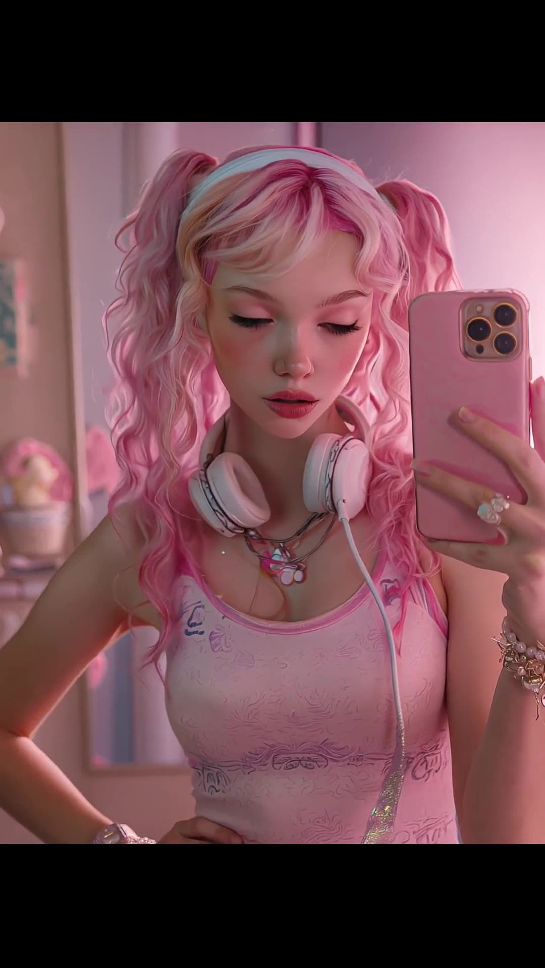 Pink and blonde pigtails selfie in pink bedroom