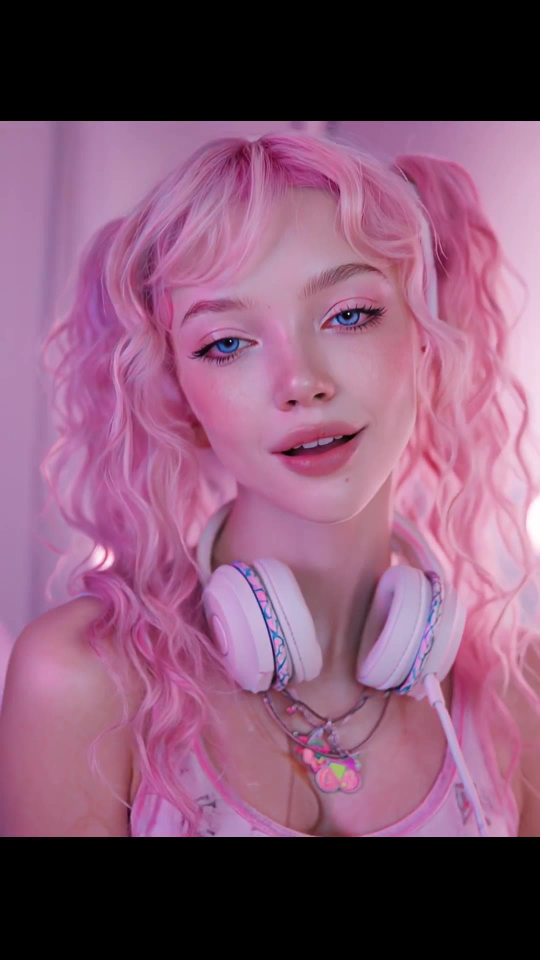 Pink pigtails bedroom selfie in low cut tank