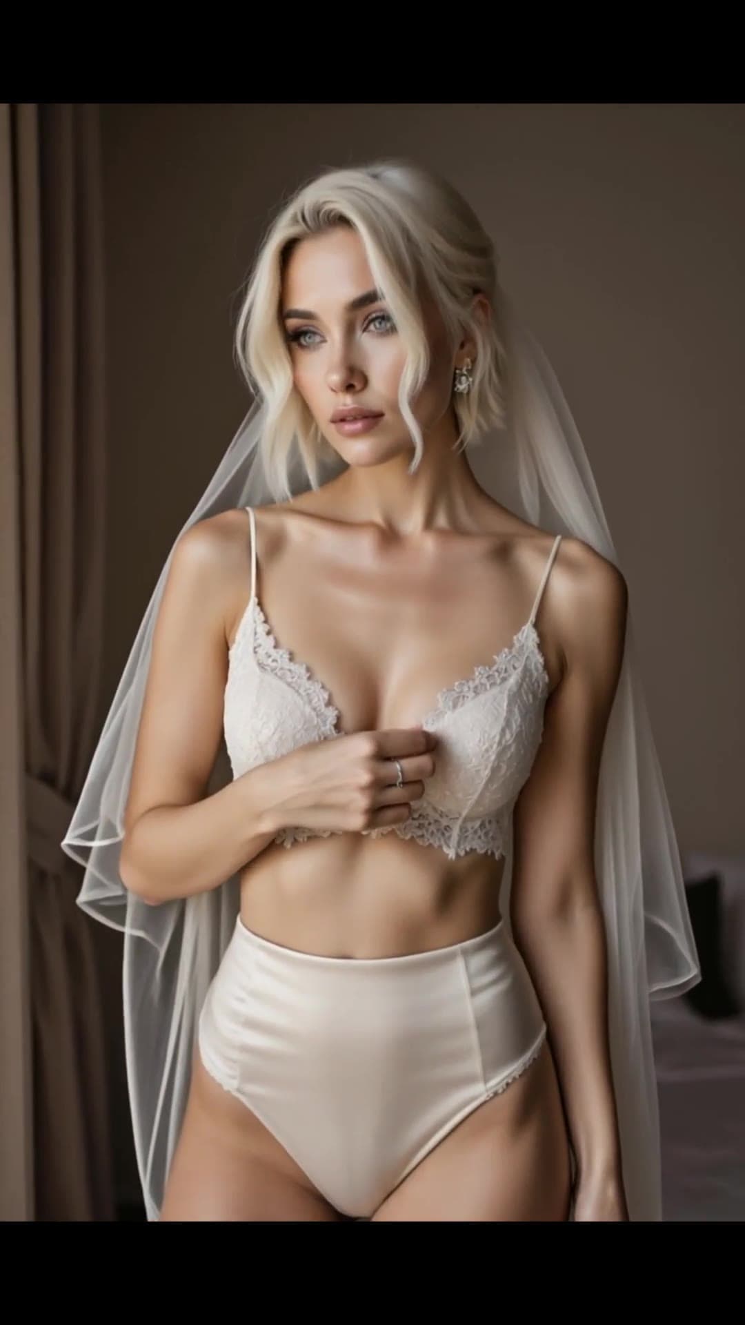 Young adult blonde pulls bra down in bedroom