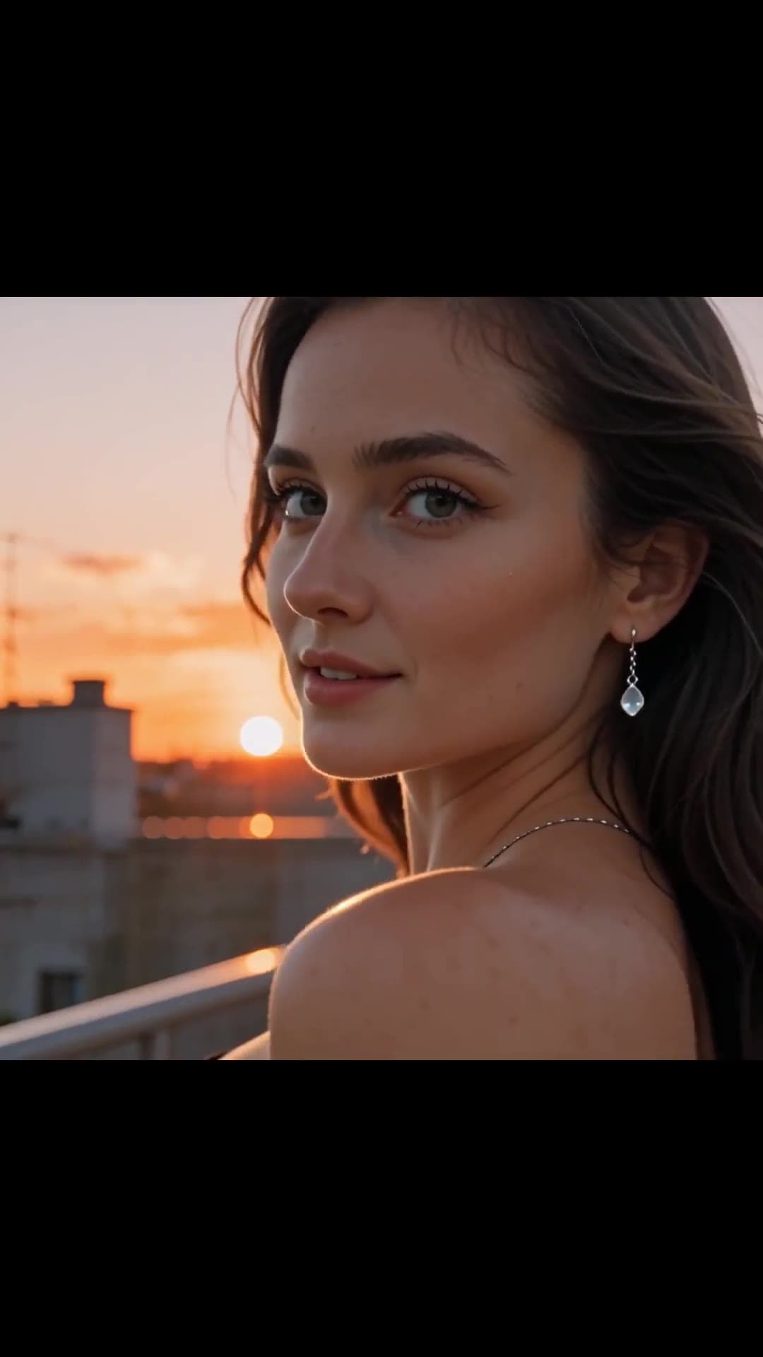 Green eyed brunette bare shoulders golden hour skyline