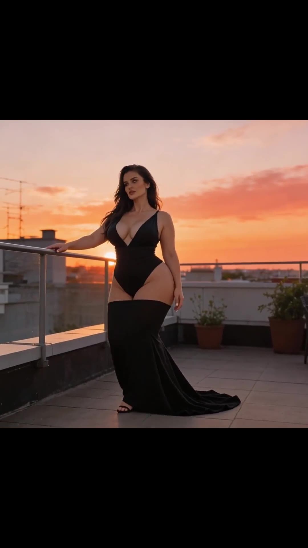 Curvy blonde in black bodysuit on rooftop at sunset