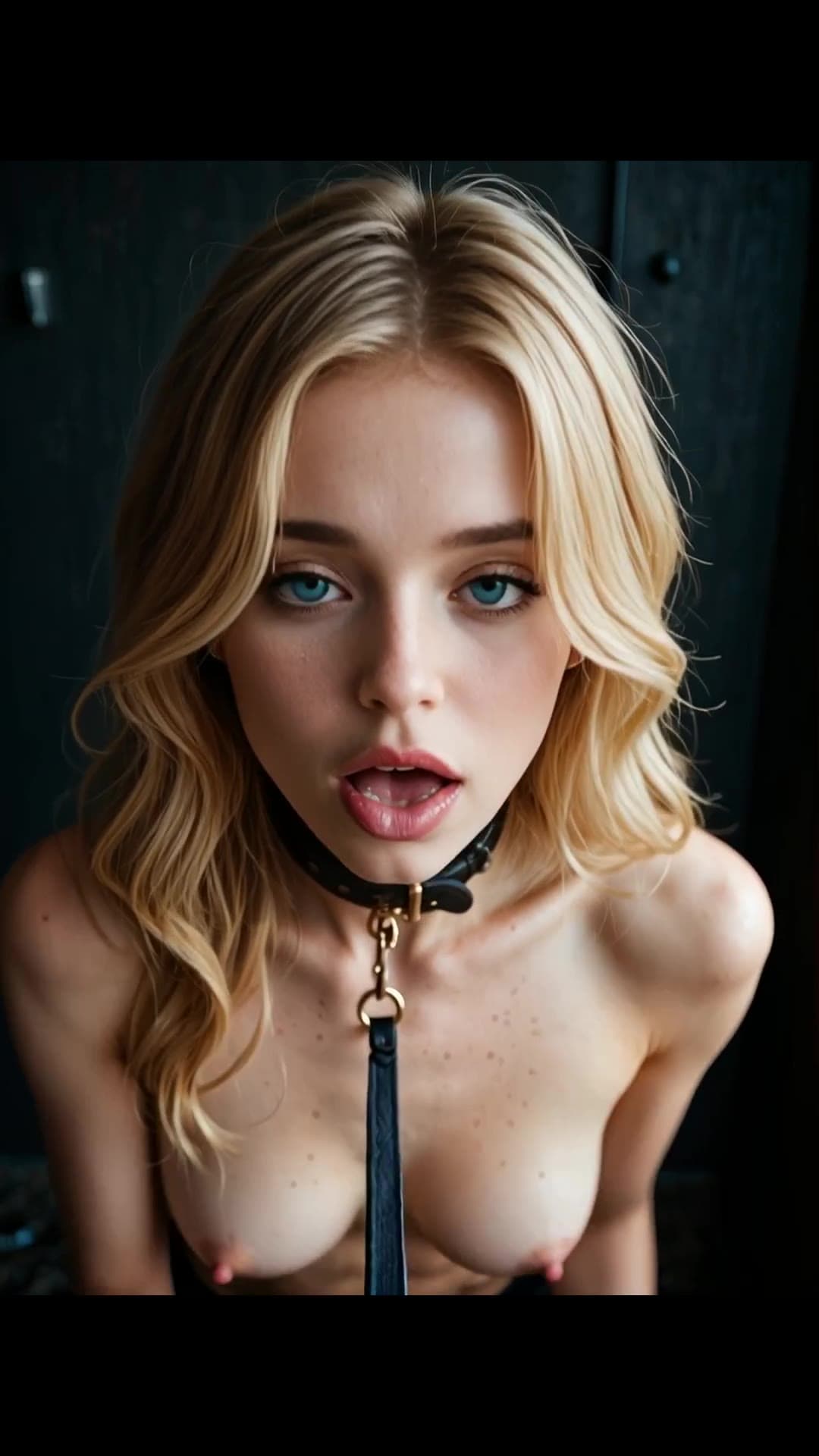 Blue eyed blonde with collar and leash topless close up
