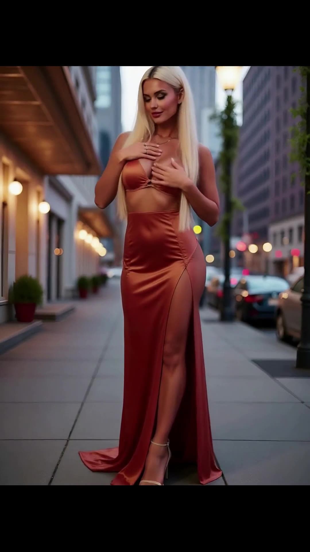 Young adult blonde in satin two piece on city sidewalk