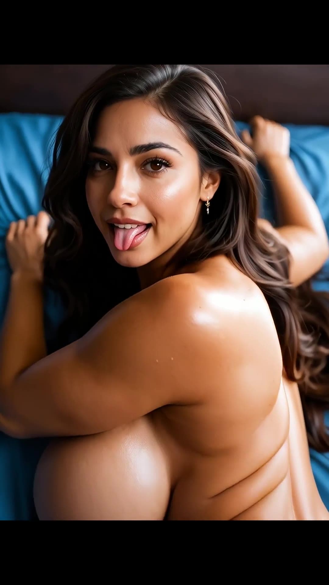 Wavy brunette hazel eyes topless on blue sheets
