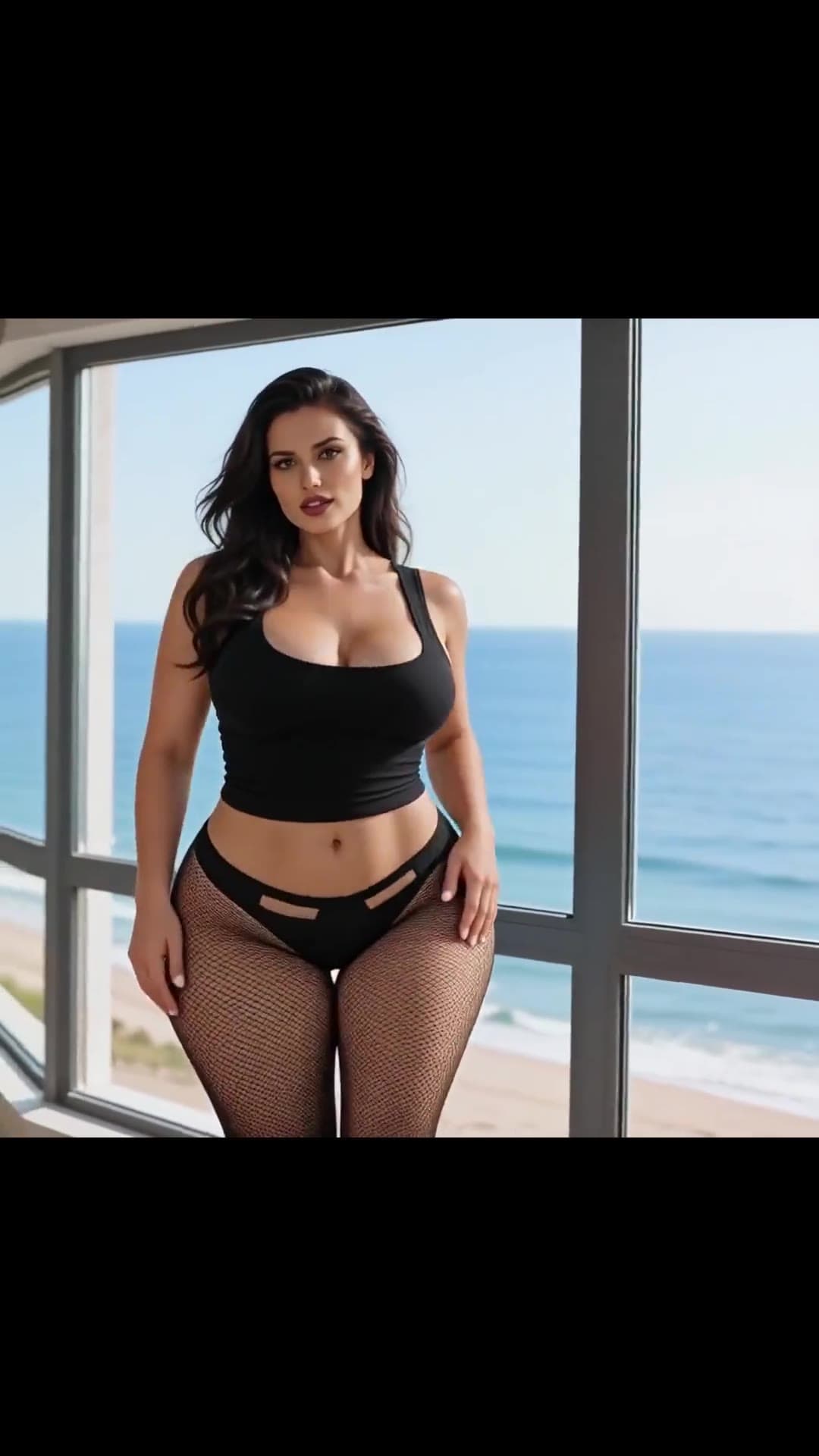 Curvy Latina standing pose in fishnets by ocean windows
