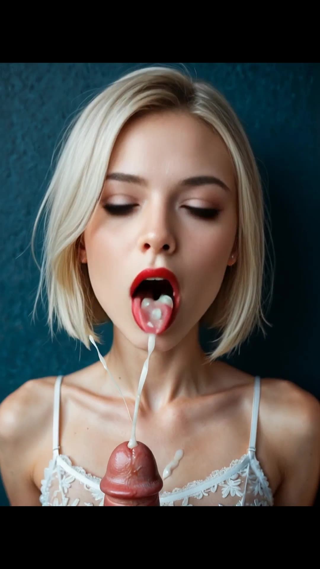 POV close-up cumshot on blonde face and small tits