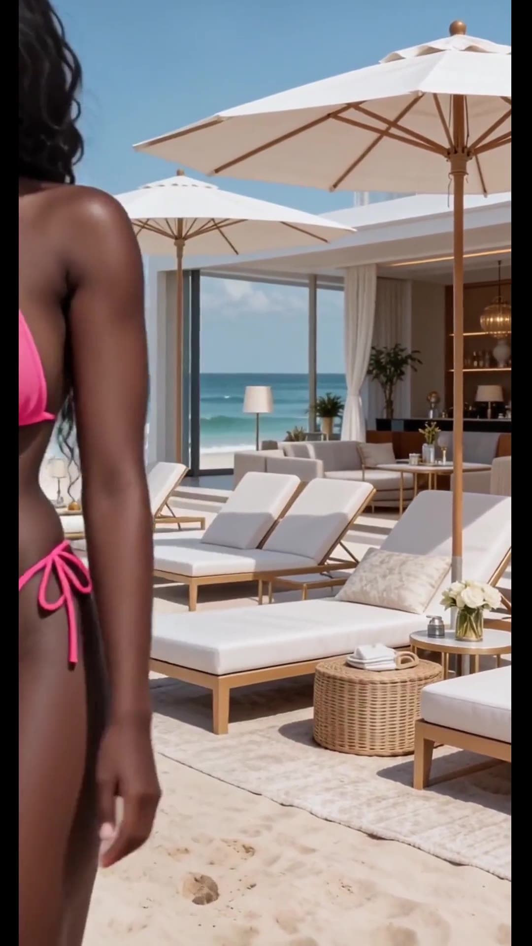 Young adult in pink bikini at beach patio