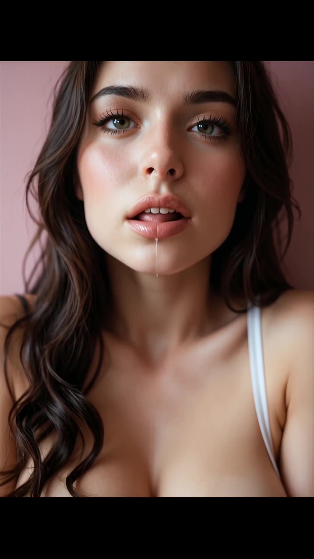 Close up cum dripping down chin and chest