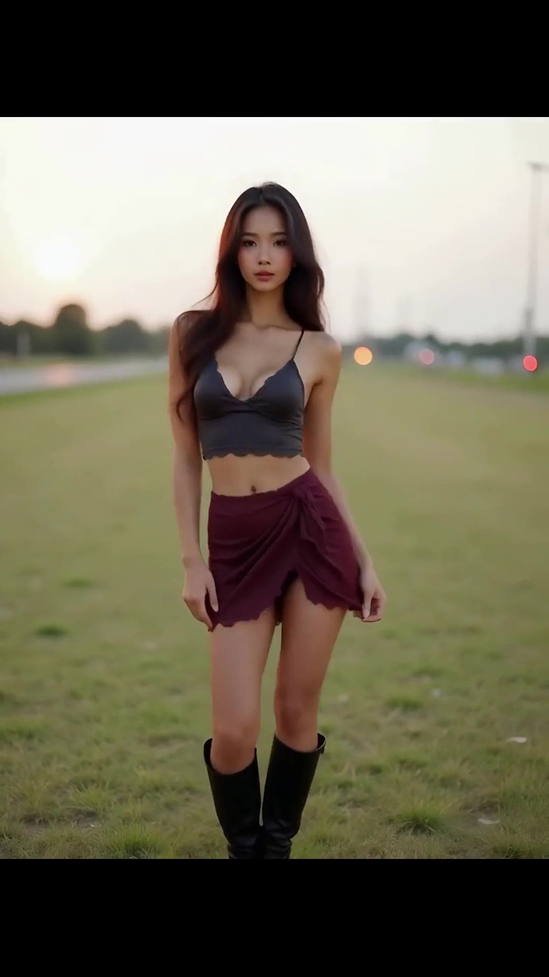 Early 20s slim babe in crop top on grass