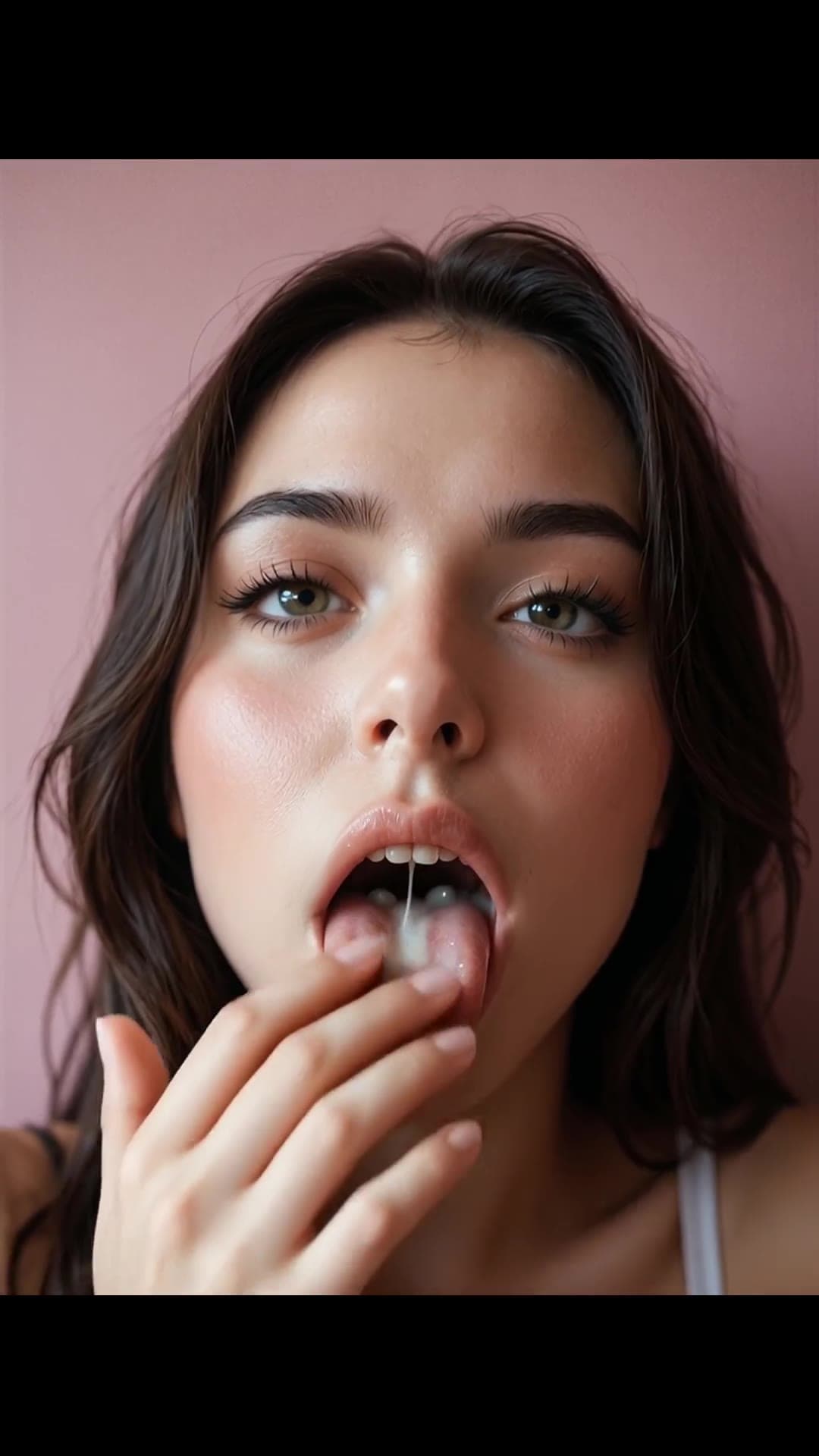 Young adult Asian facial close up with cum on tongue