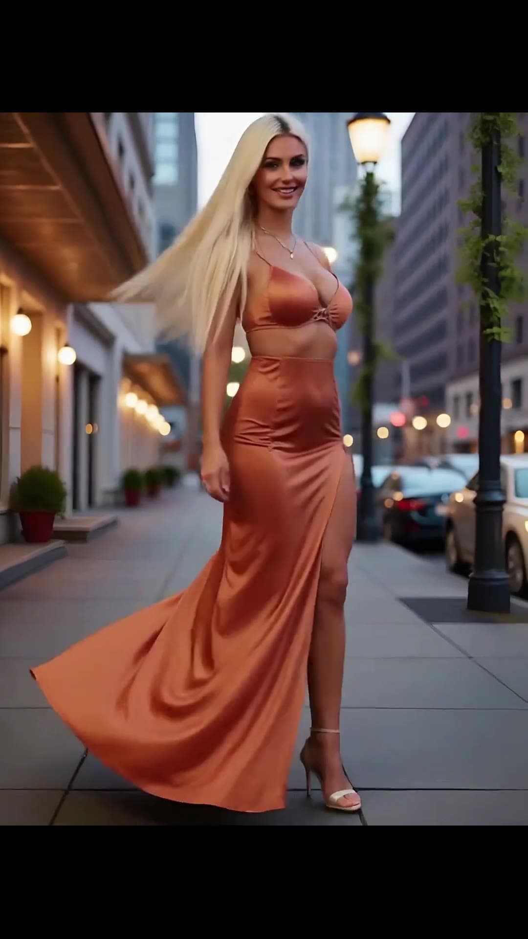 Curvy blonde in copper satin shows big natural tits