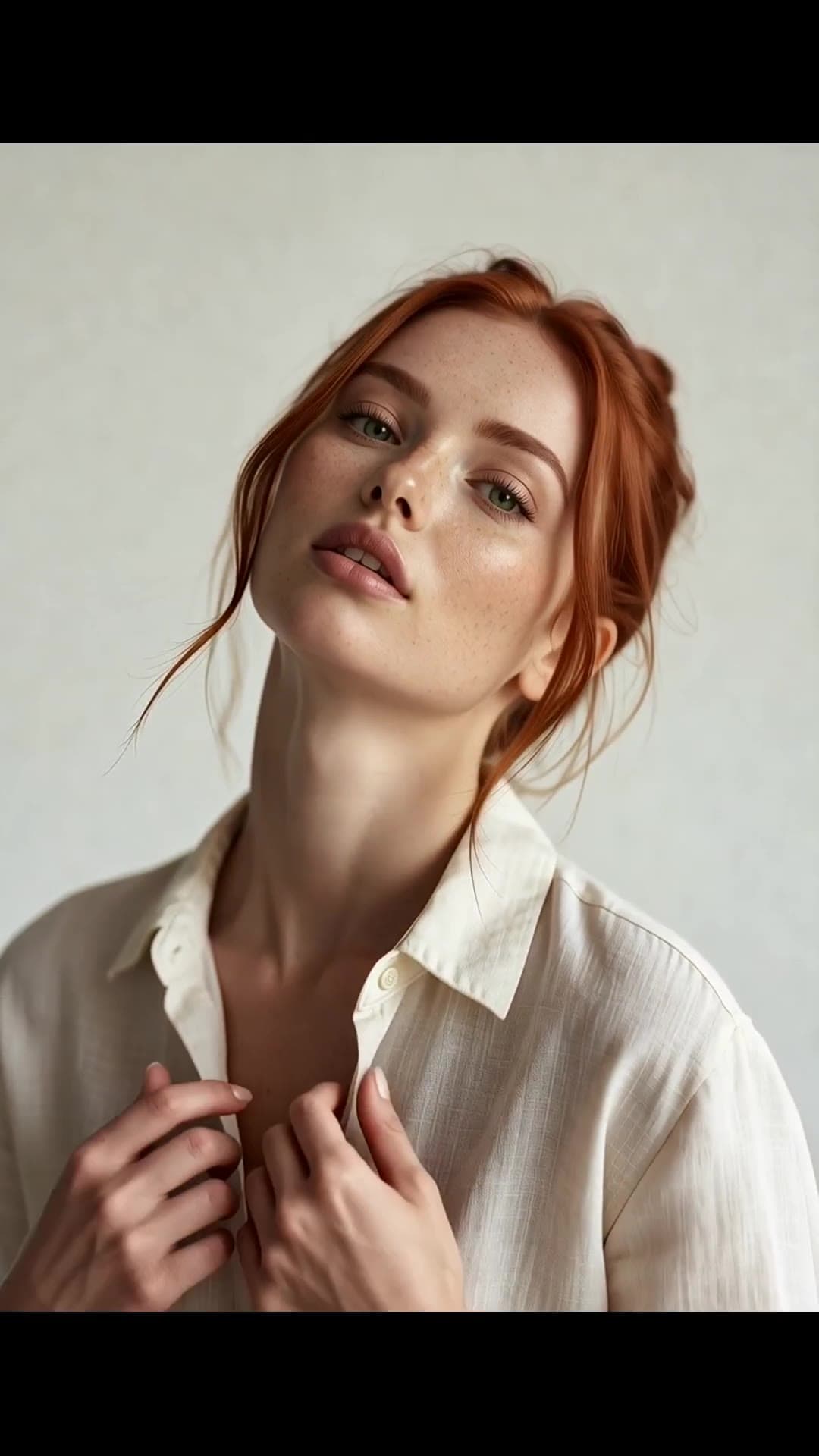 Redhead cleavage in open white shirt close-up
