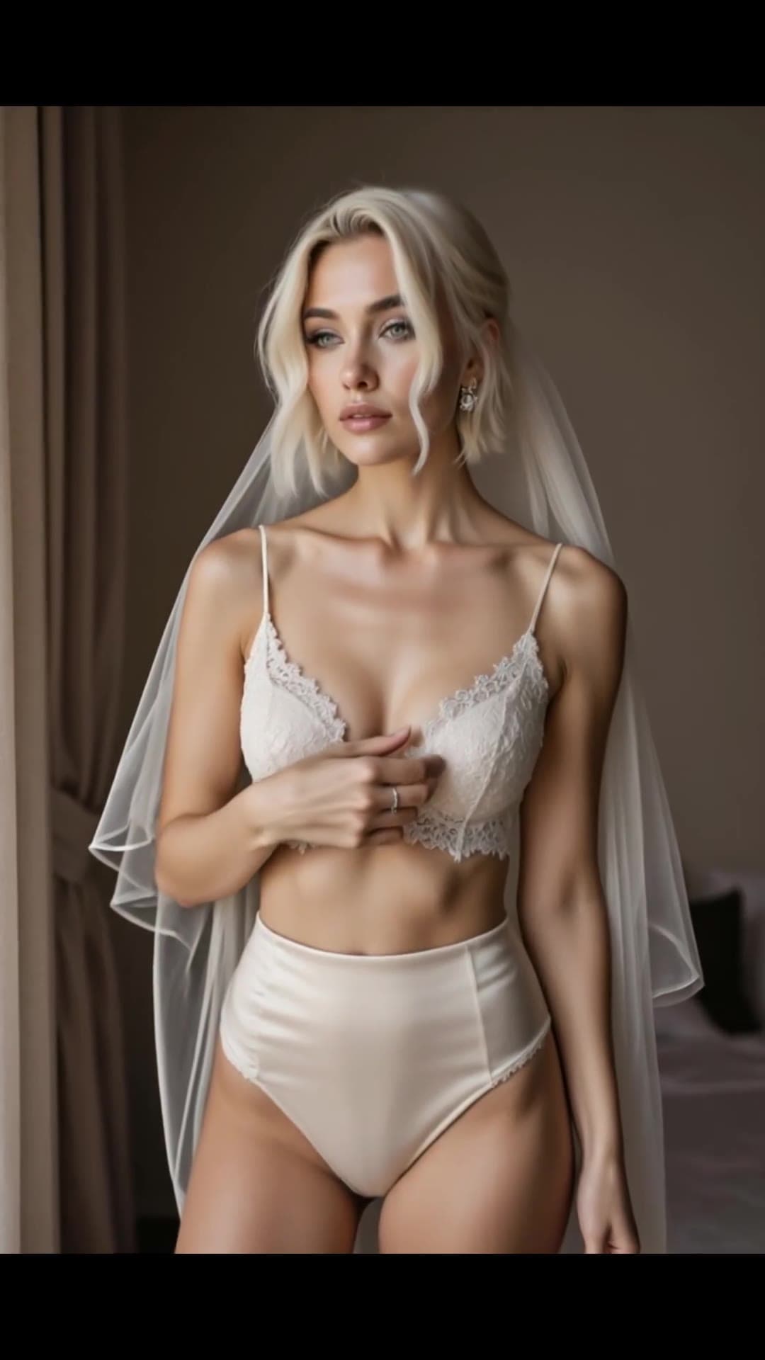 Mature blonde in sheer bridal lingerie bedroom