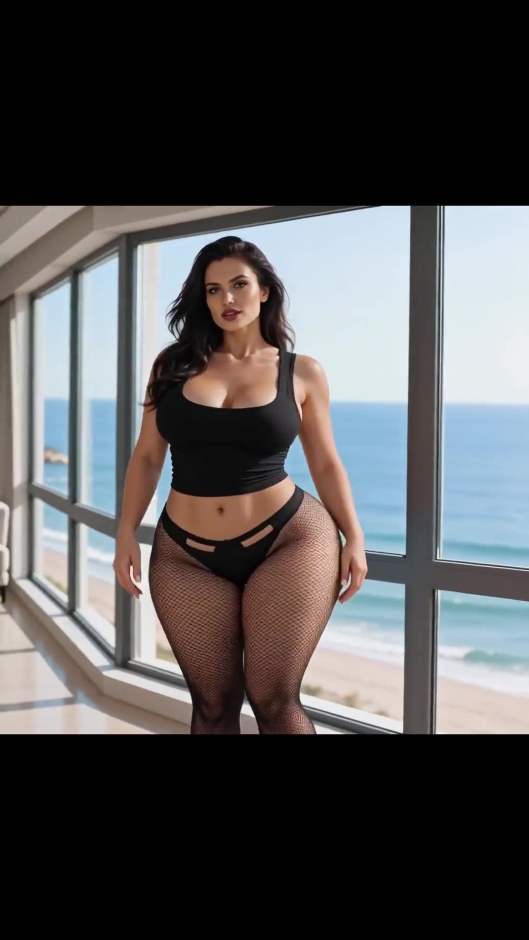 Curvy brunette in fishnets shows cleavage by ocean window