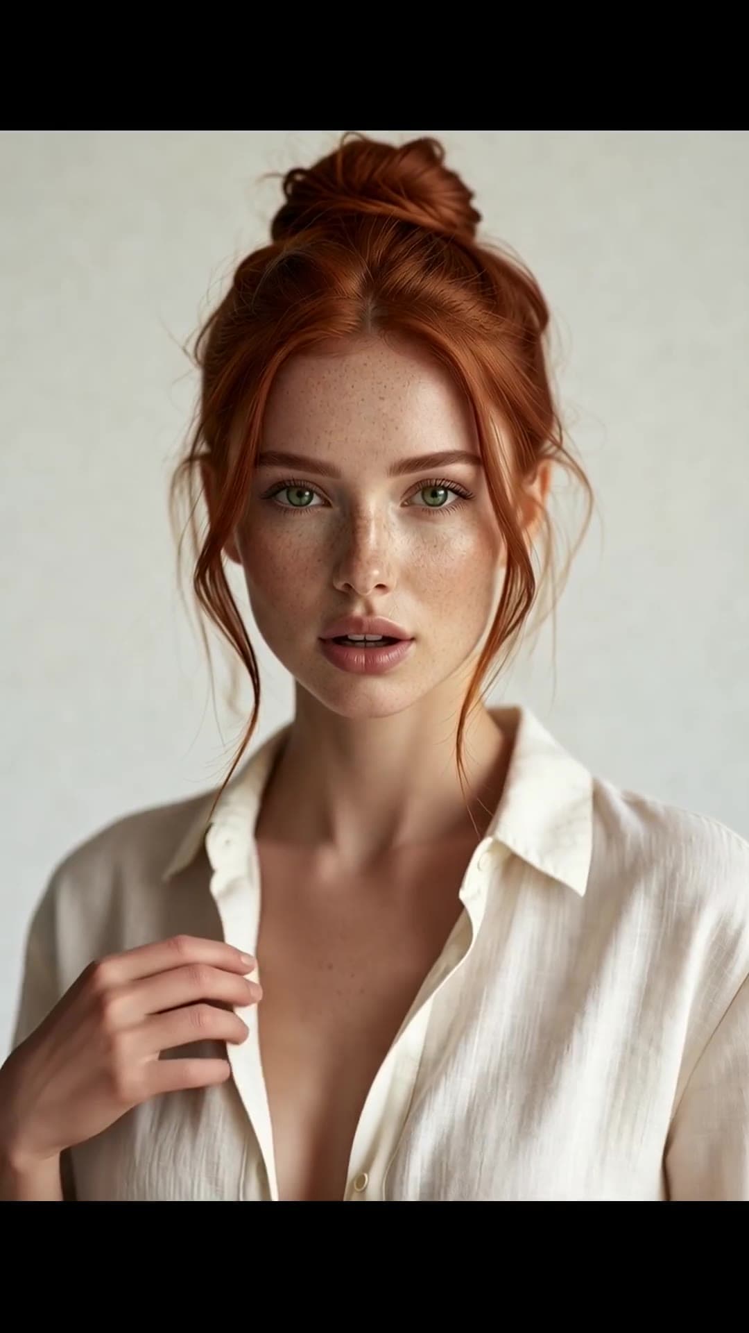 Redhead green eyes freckled cleavage linen shirt closeup