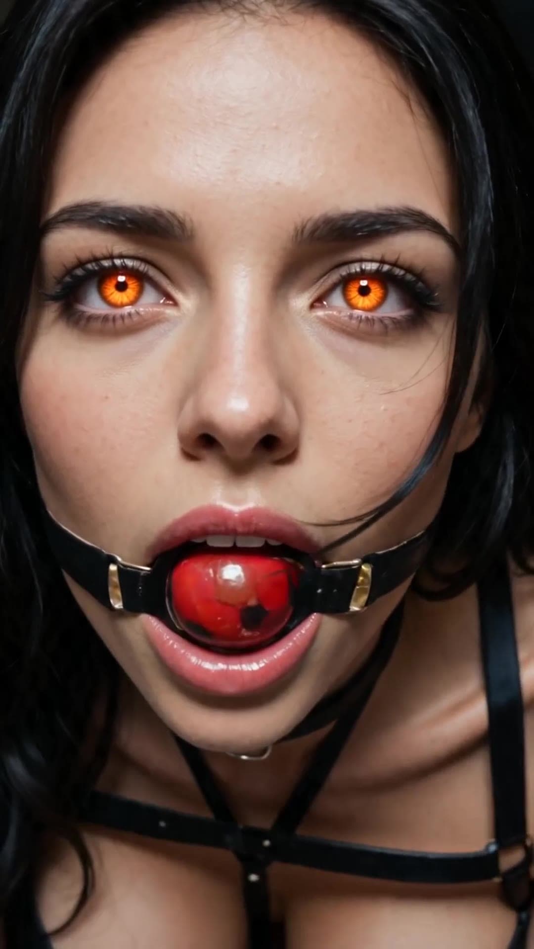 Long black hair orange eyes ball gag close up