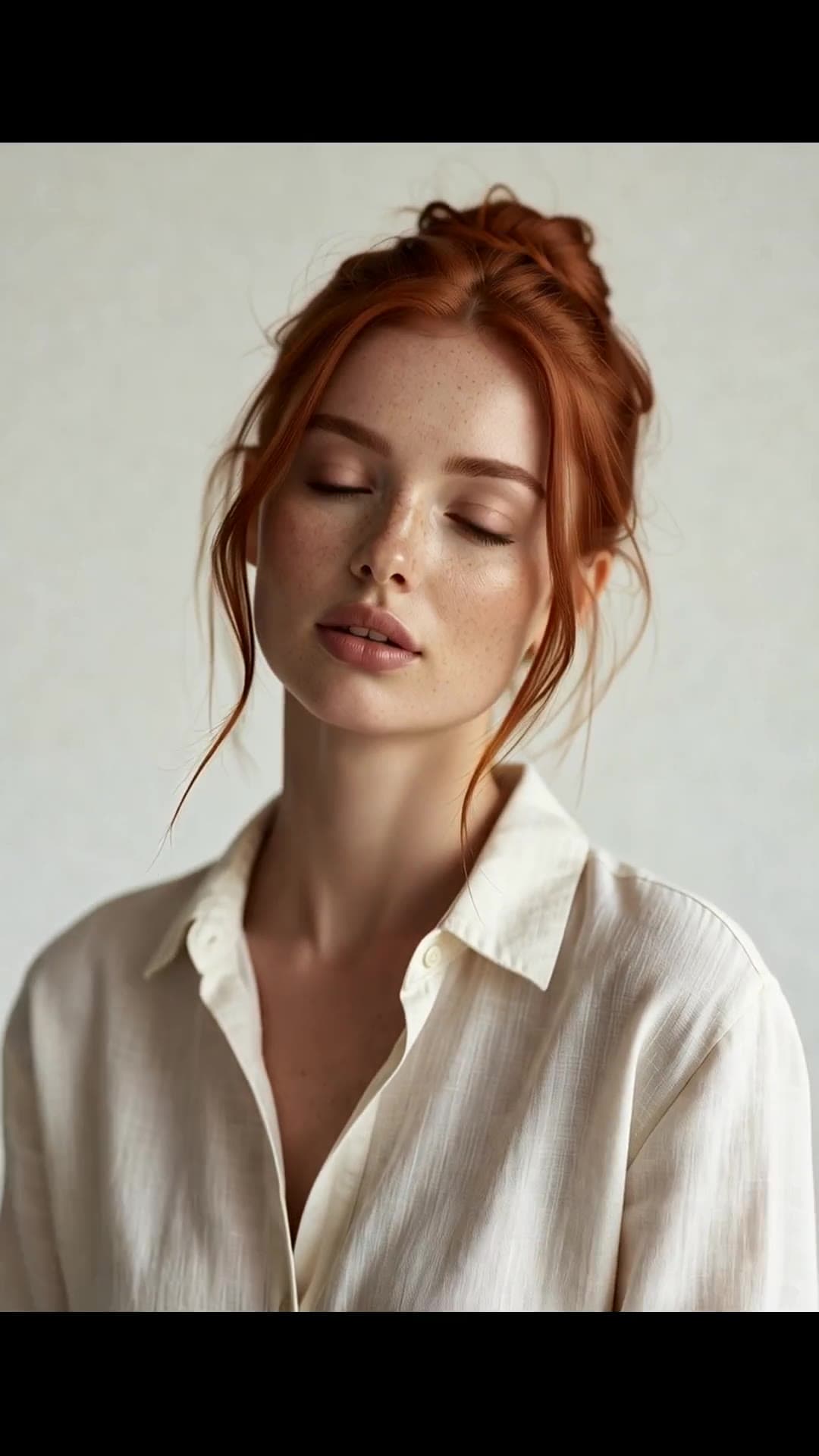 Redhead freckled beauty in open white linen shirt