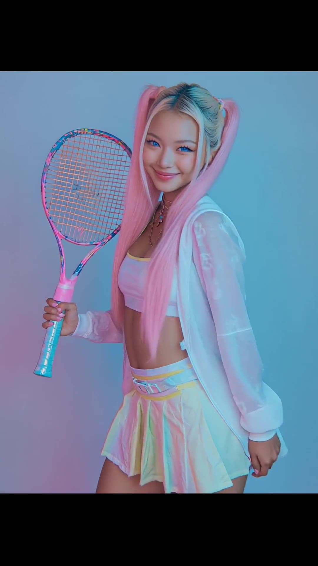 Pink pigtails athletic Asian in sheer crop top studio