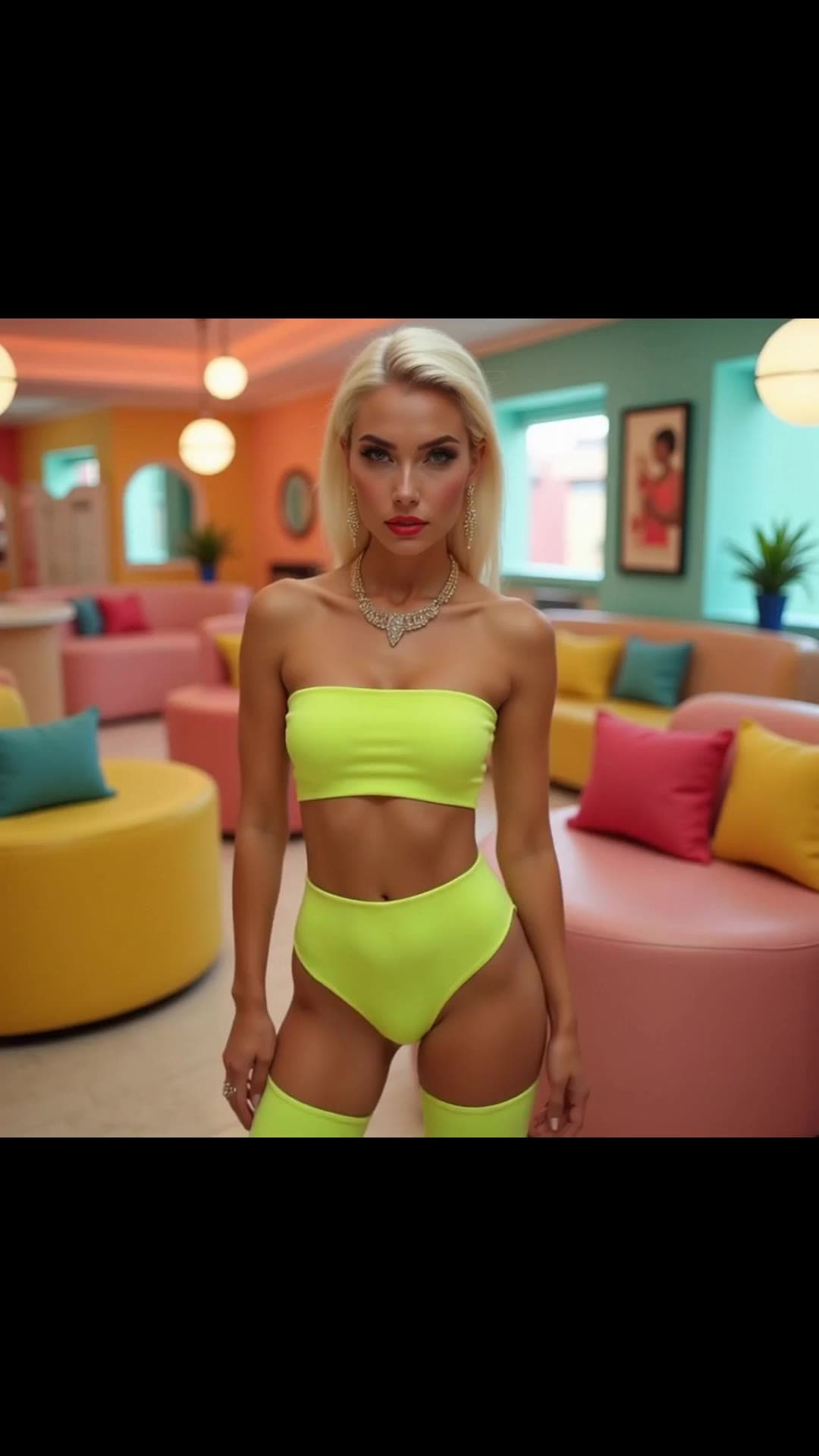 Icy blue eyed platinum blonde in neon yellow outfit