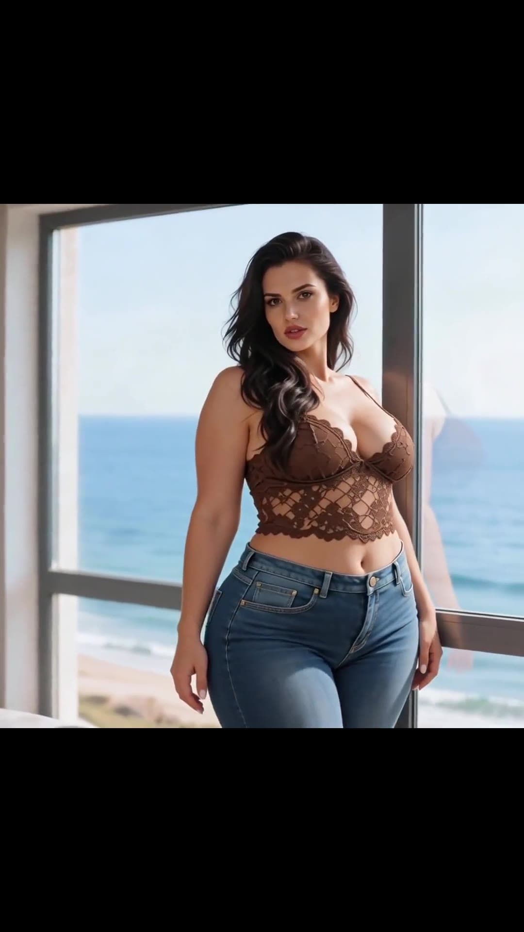 Brunette with green eyes in sheer lace top by ocean window