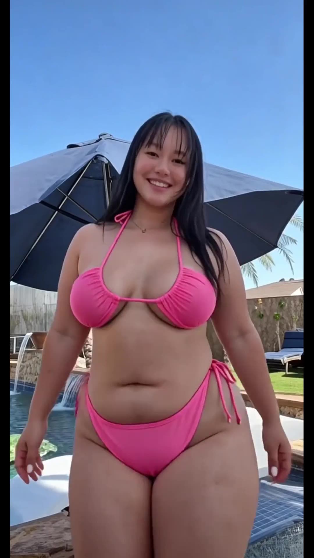 Curvy Latina in pink bikini by the pool