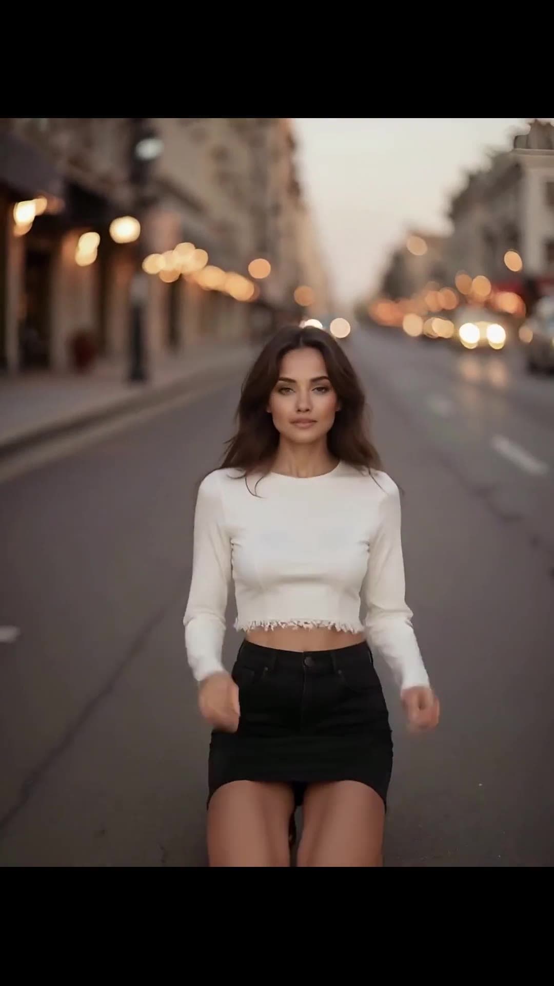Wavy brown hair blue eyes in crop top on dusk street