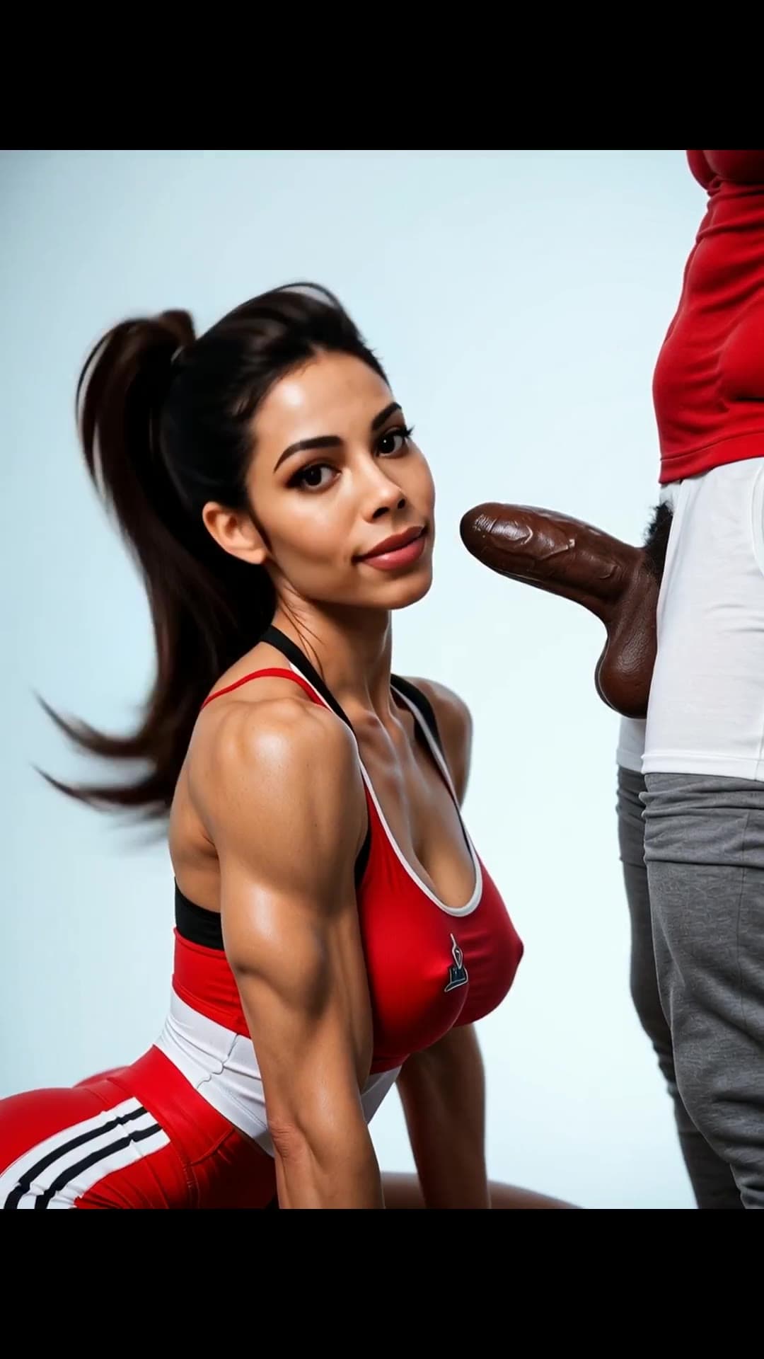 Sports bra babe kneeling studio blowjob