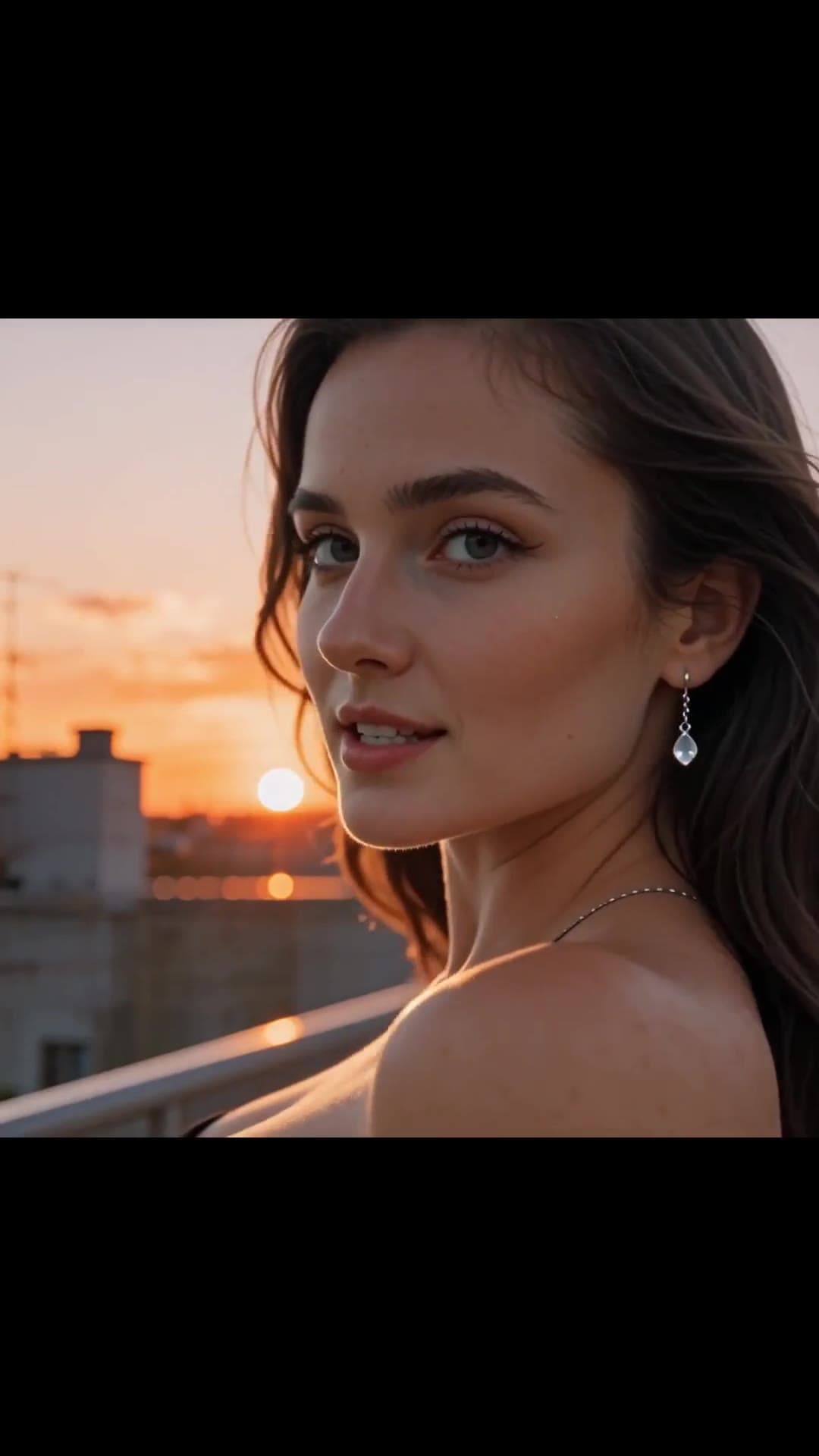 Young adult Asian topless balcony sunset