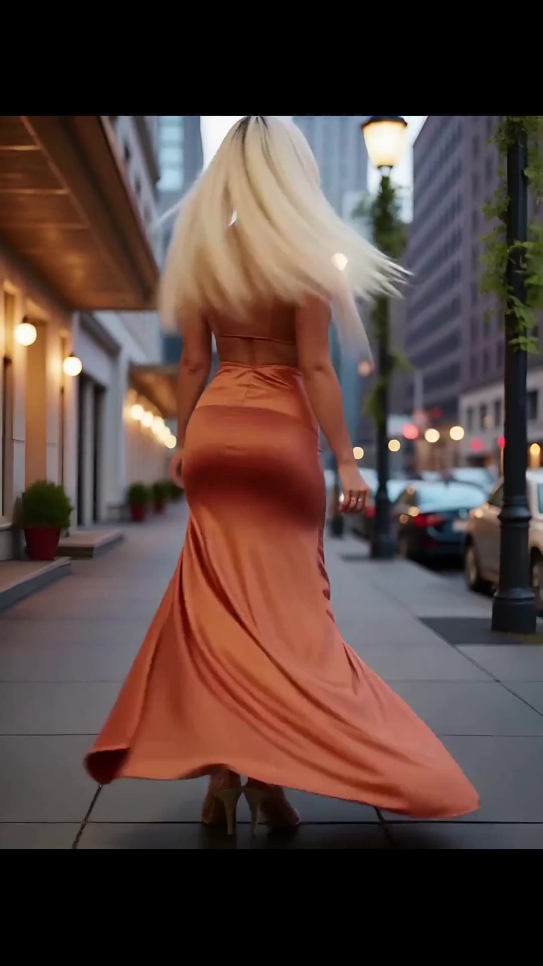 Platinum blonde in orange satin dress walking city street