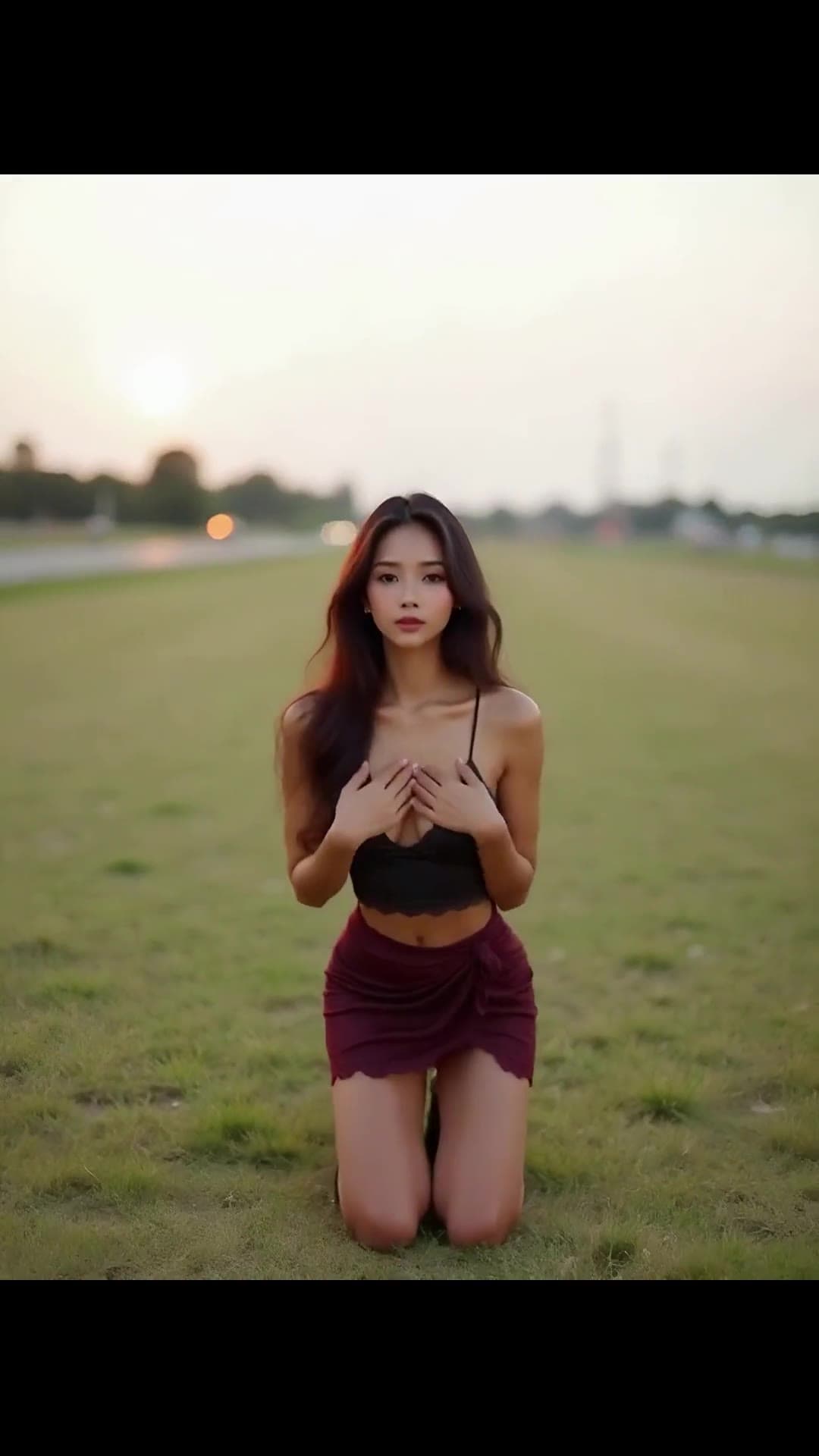 Young adult asian kneeling in grass at sunset