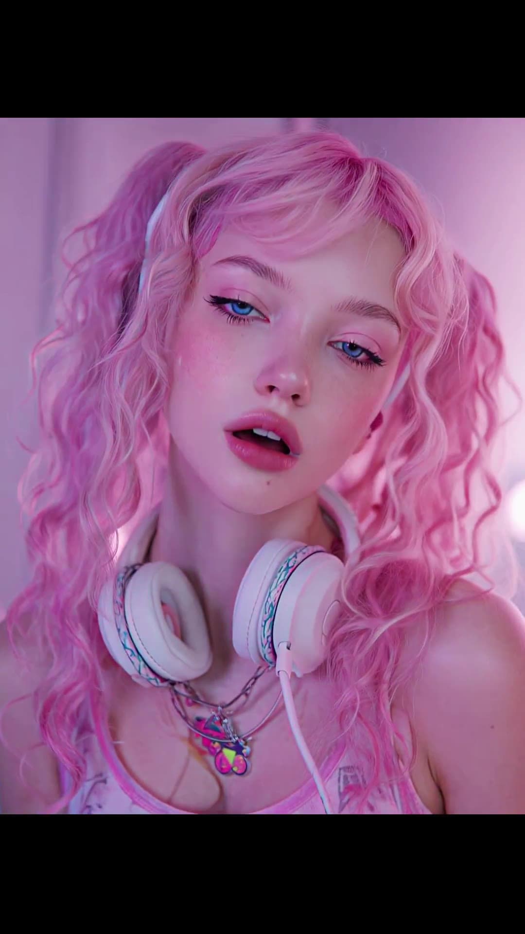 Curvy blonde big tits in pink neon bedroom close-up