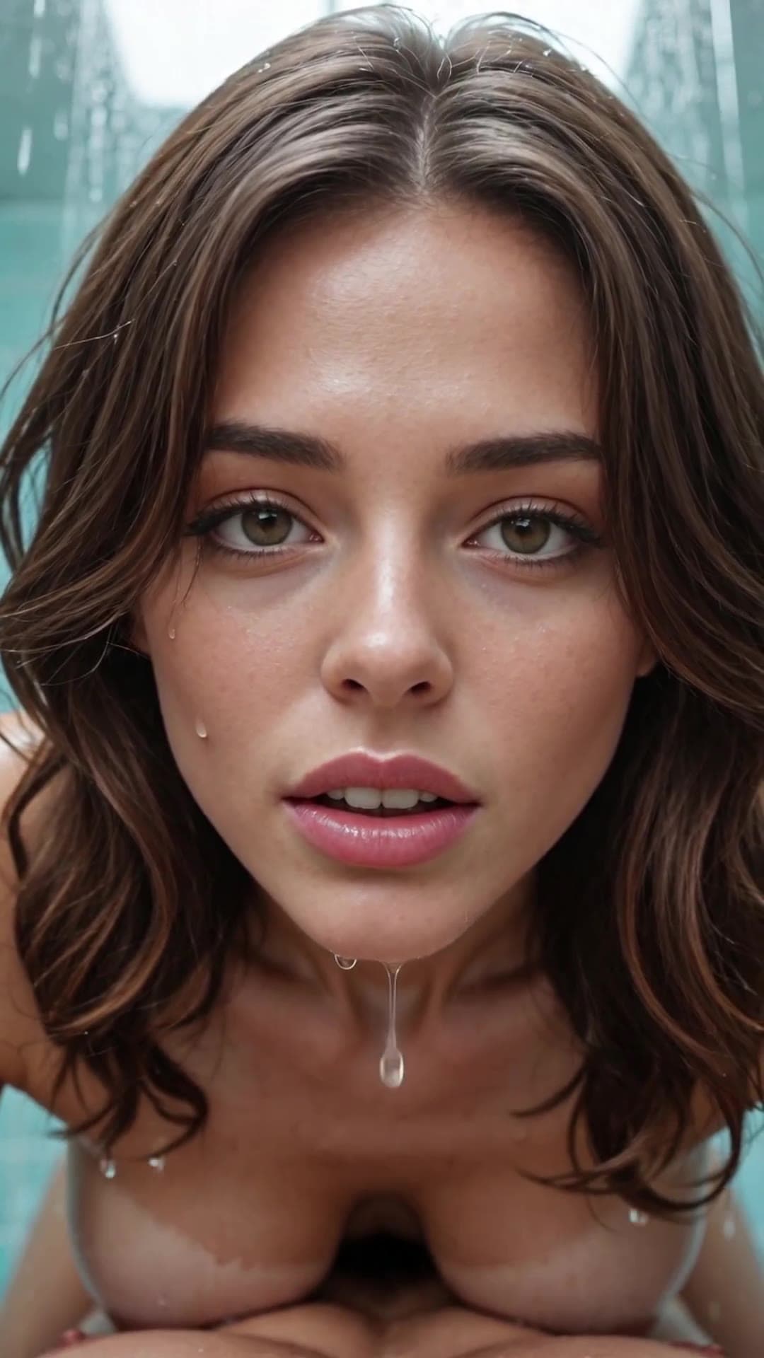 POV close-up: wet raven haired babe glazed after facial