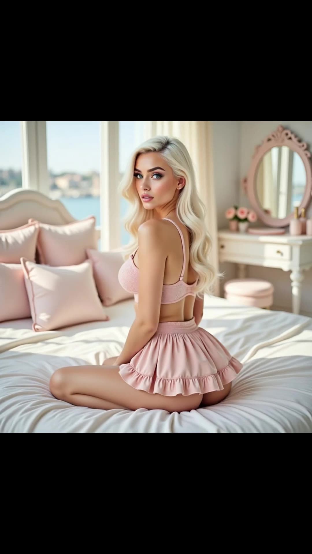 Young adult blonde in pink lace bra over shoulder