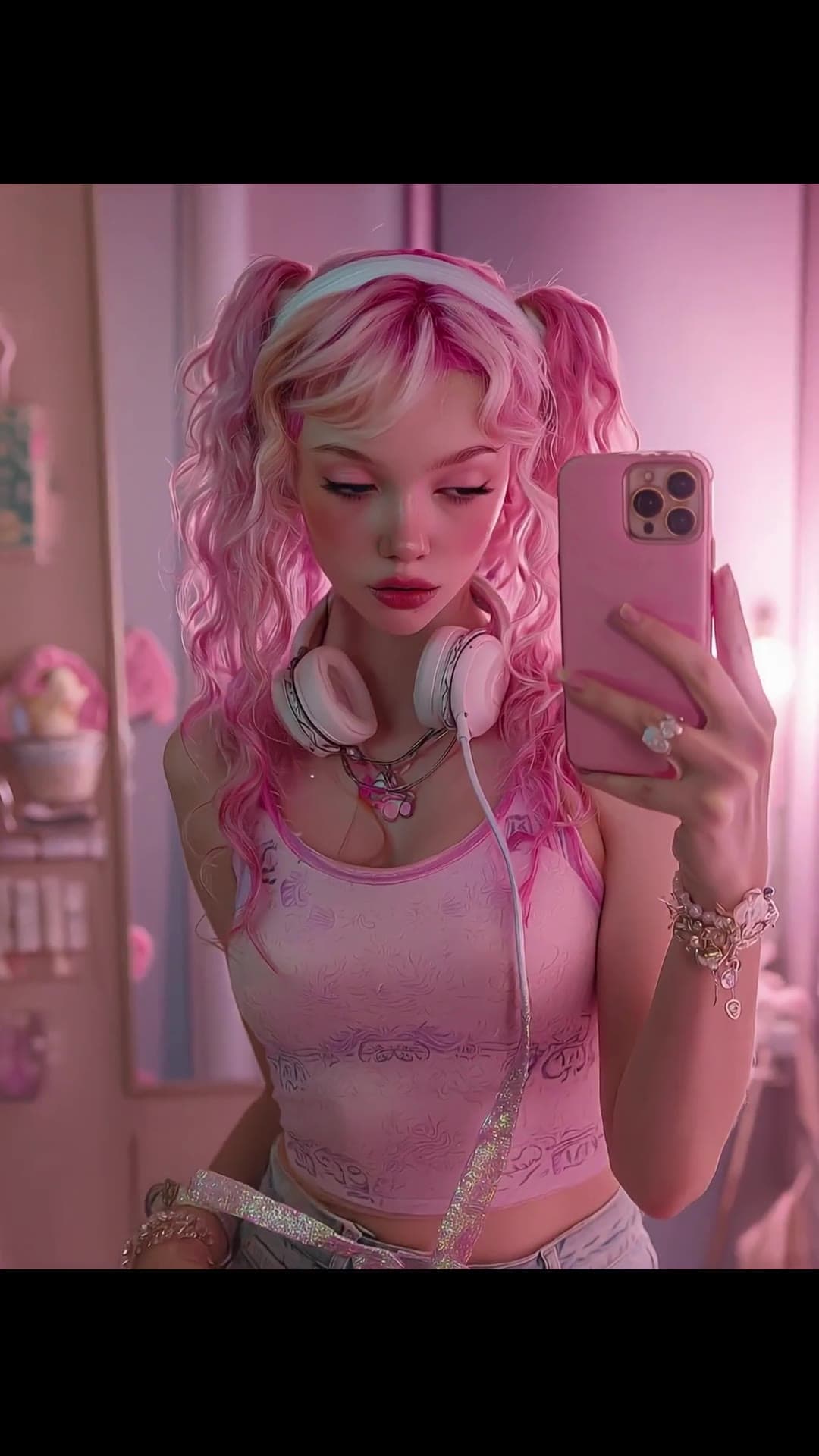 Pink and blonde pigtails selfie in pink bedroom