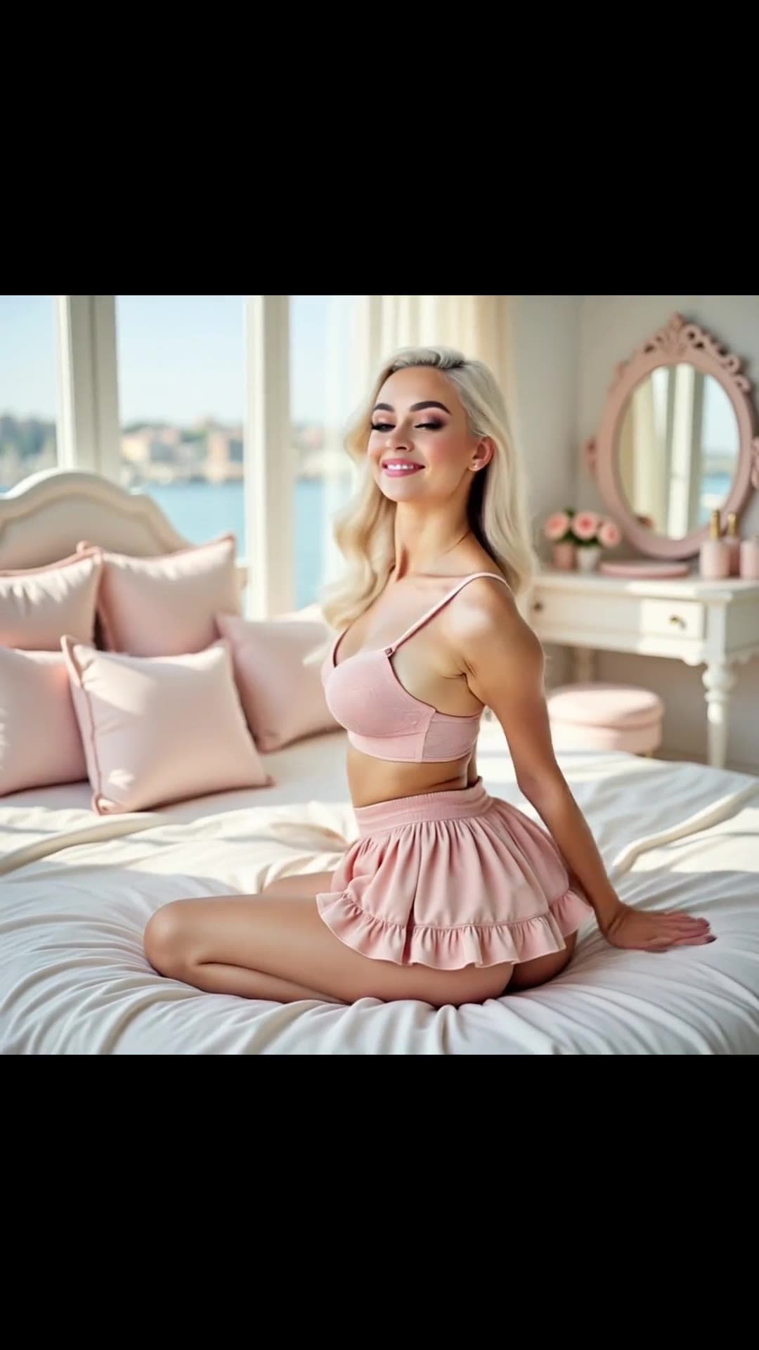 Legs crossed blonde on bed smiling in pink crop top