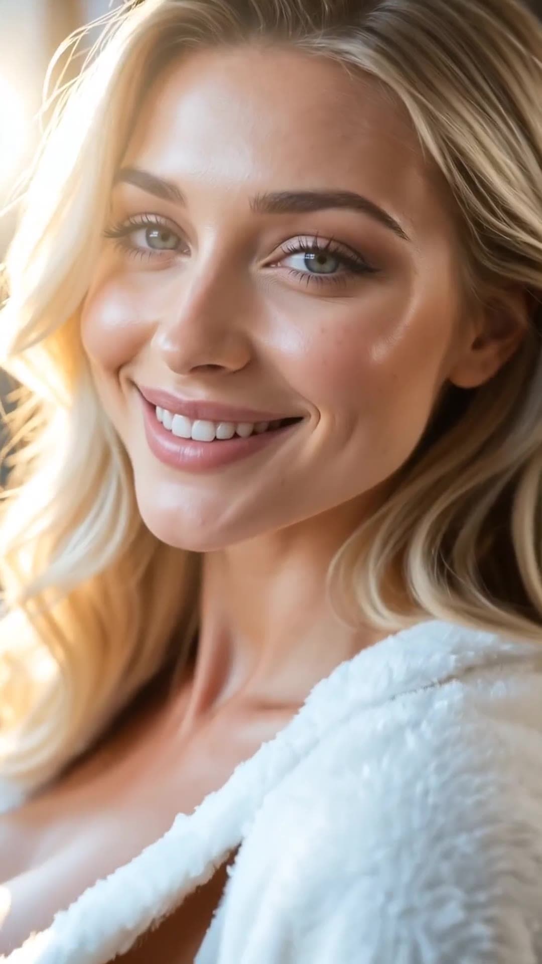 Curvy blonde robe selfie showing deep cleavage