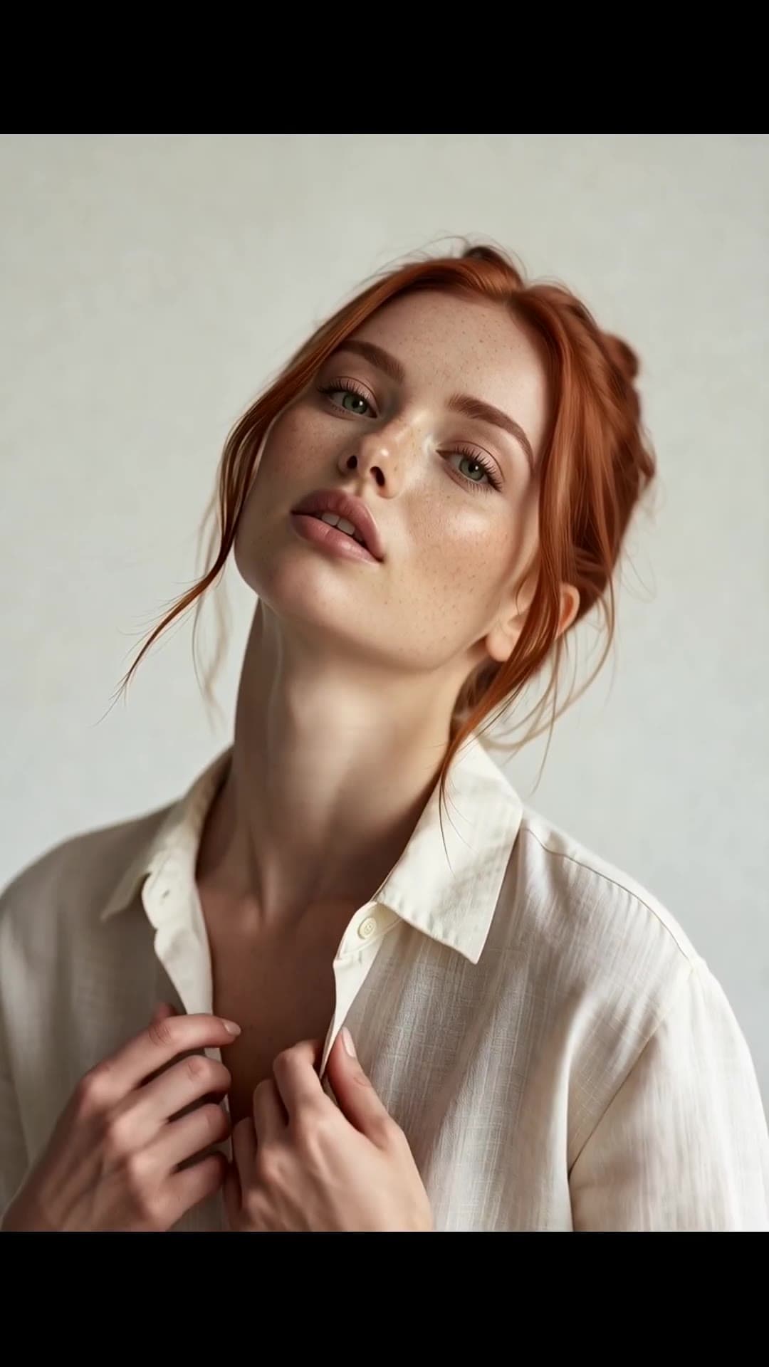 Auburn hair green eyed babe unbuttoned linen shirt