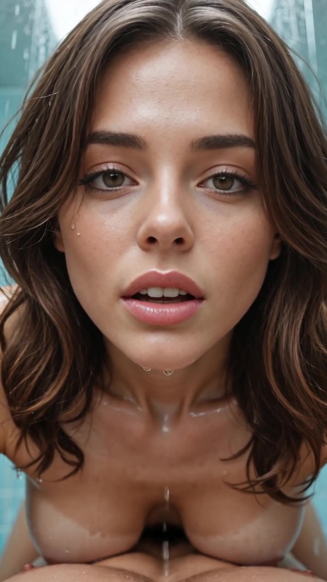 POV shower blowjob with wet natural tits close up