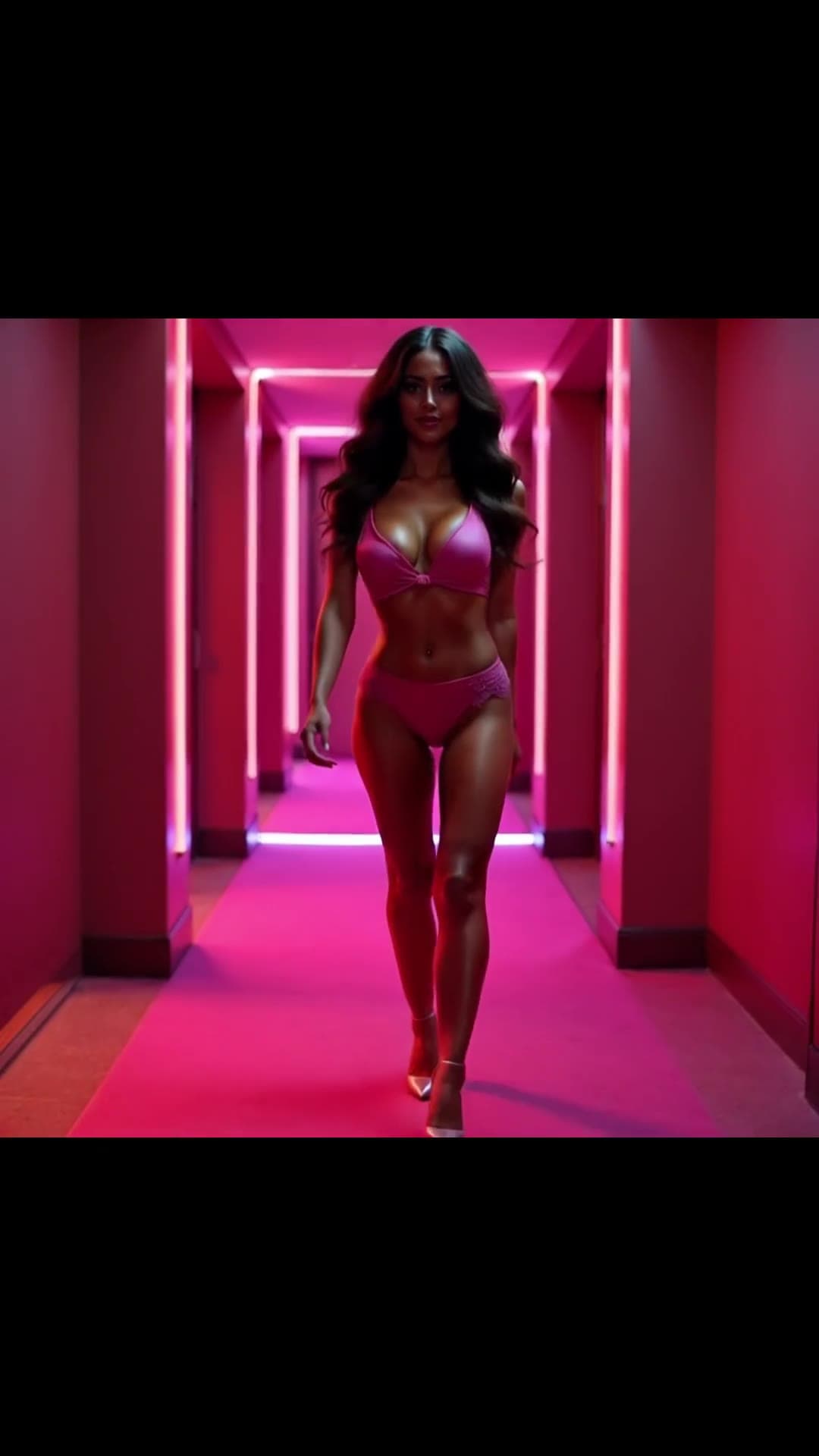 Redhead green eyes in pink lingerie hallway walk