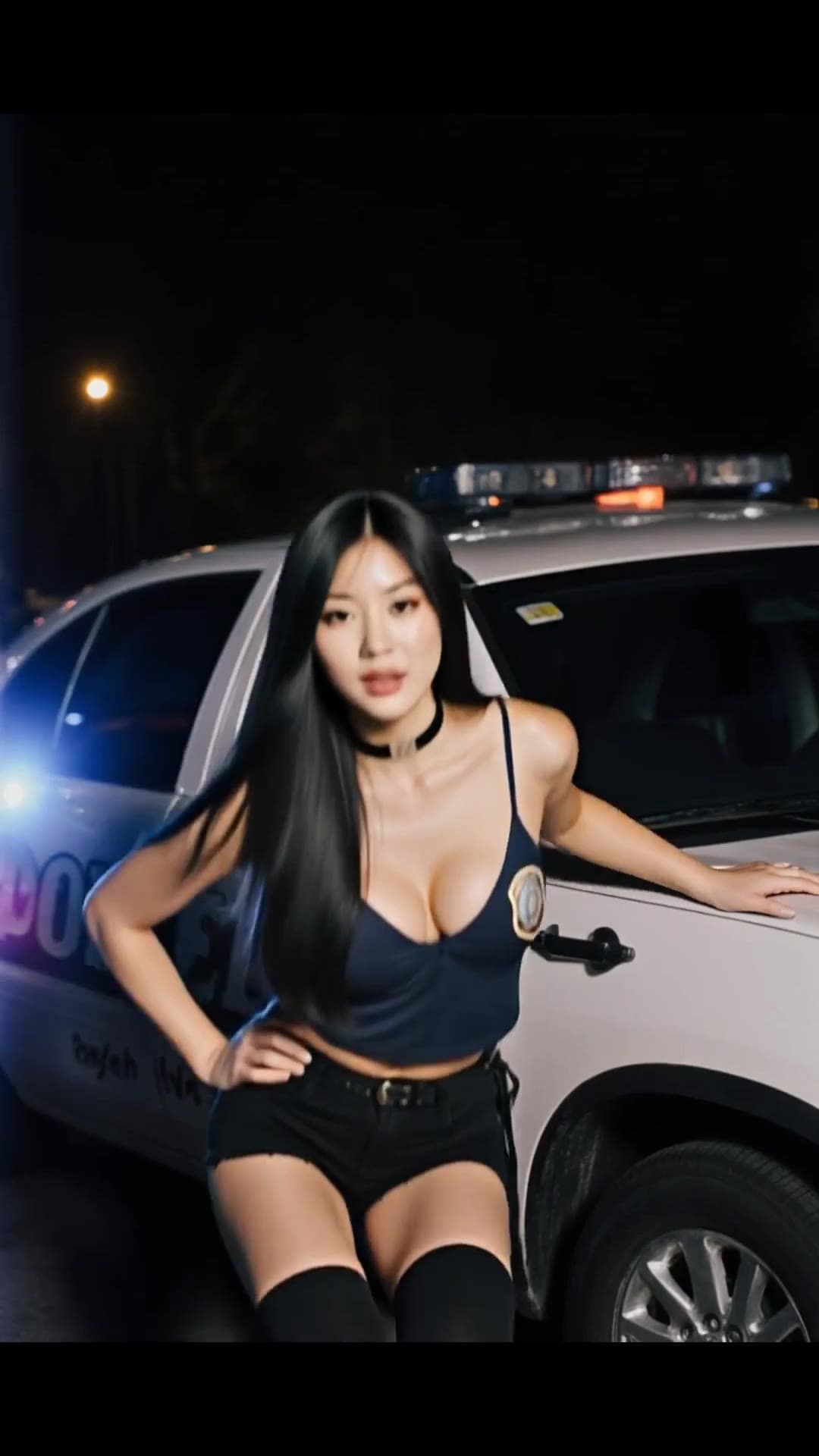 Asian in police crop top leans on squad car at night