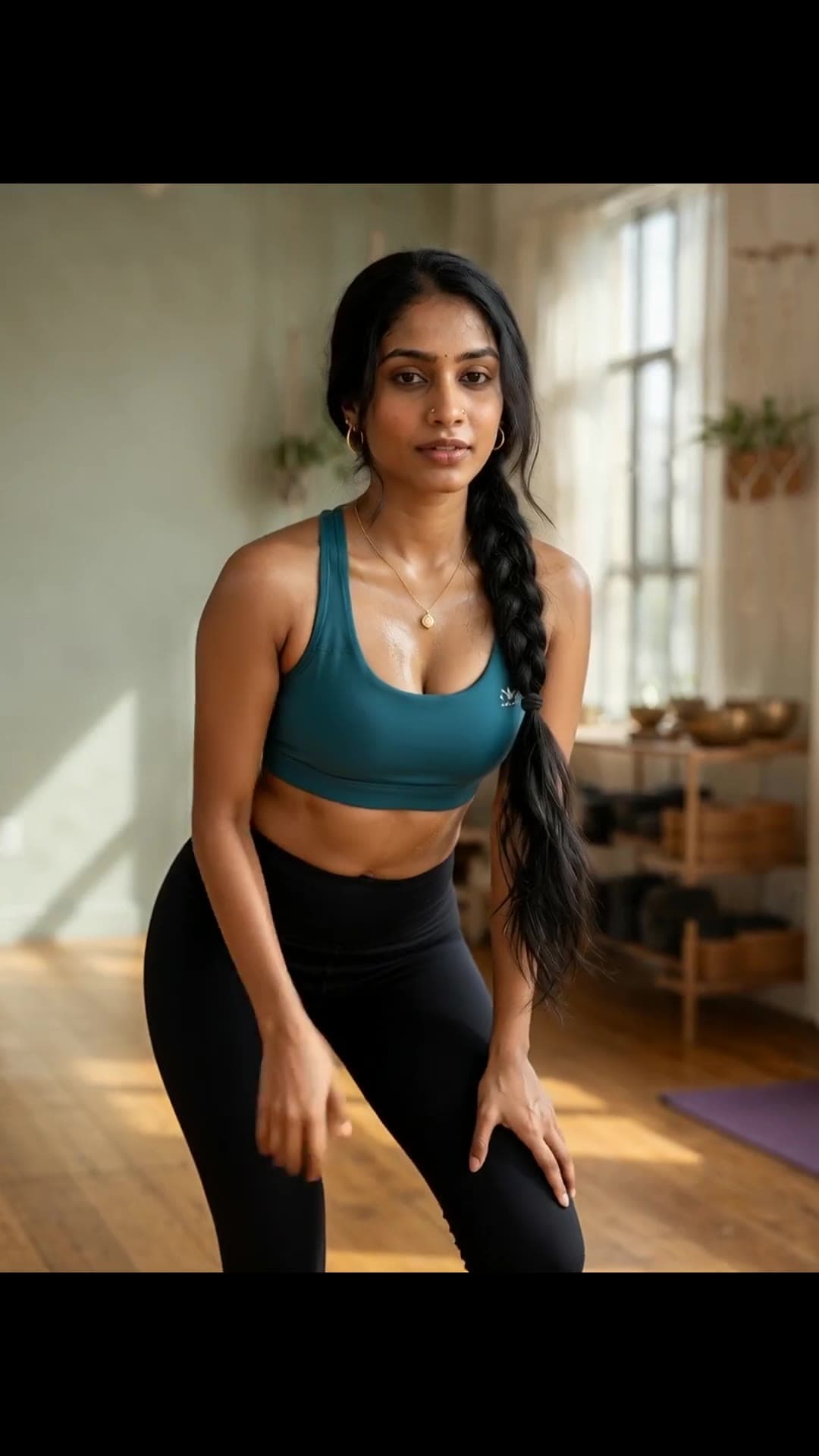 Curvy blonde in teal sports bra yoga studio