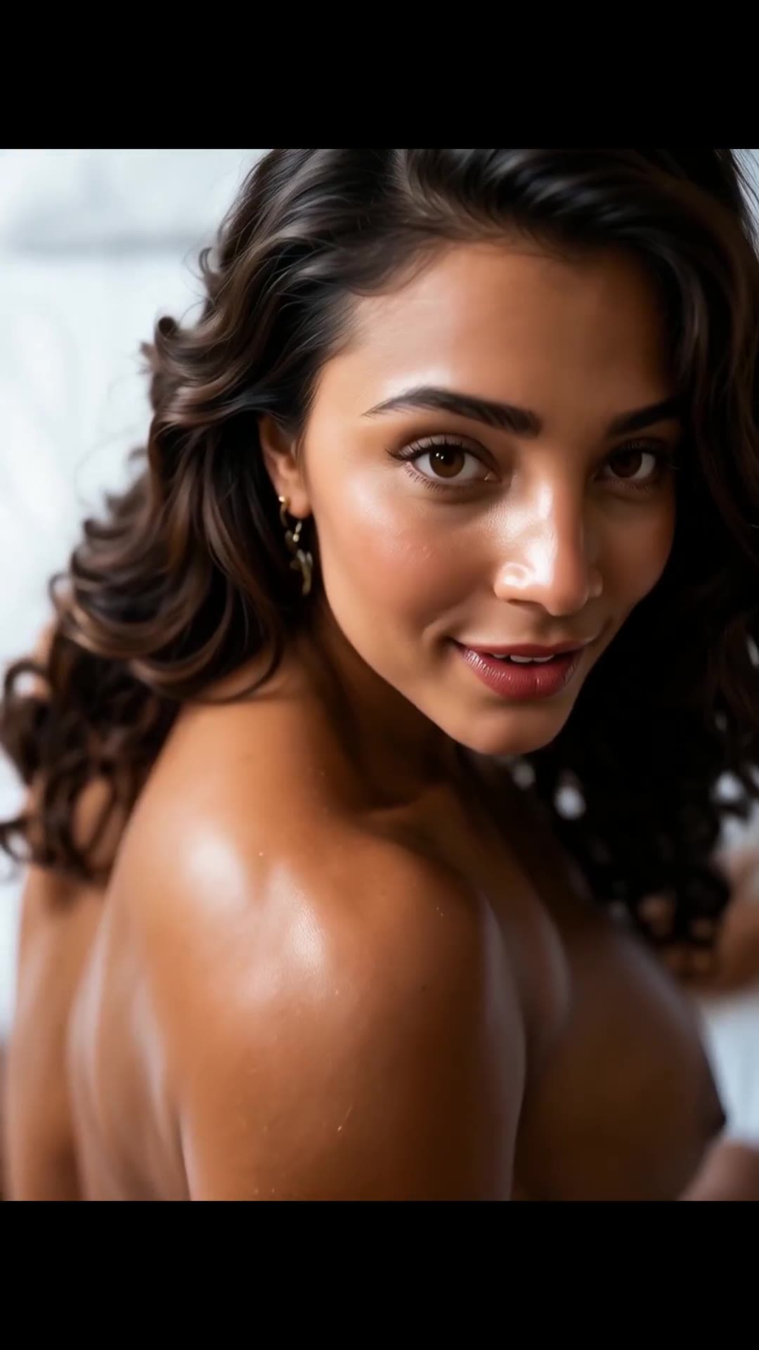 From behind topless, big natural tits oiled in bright light
